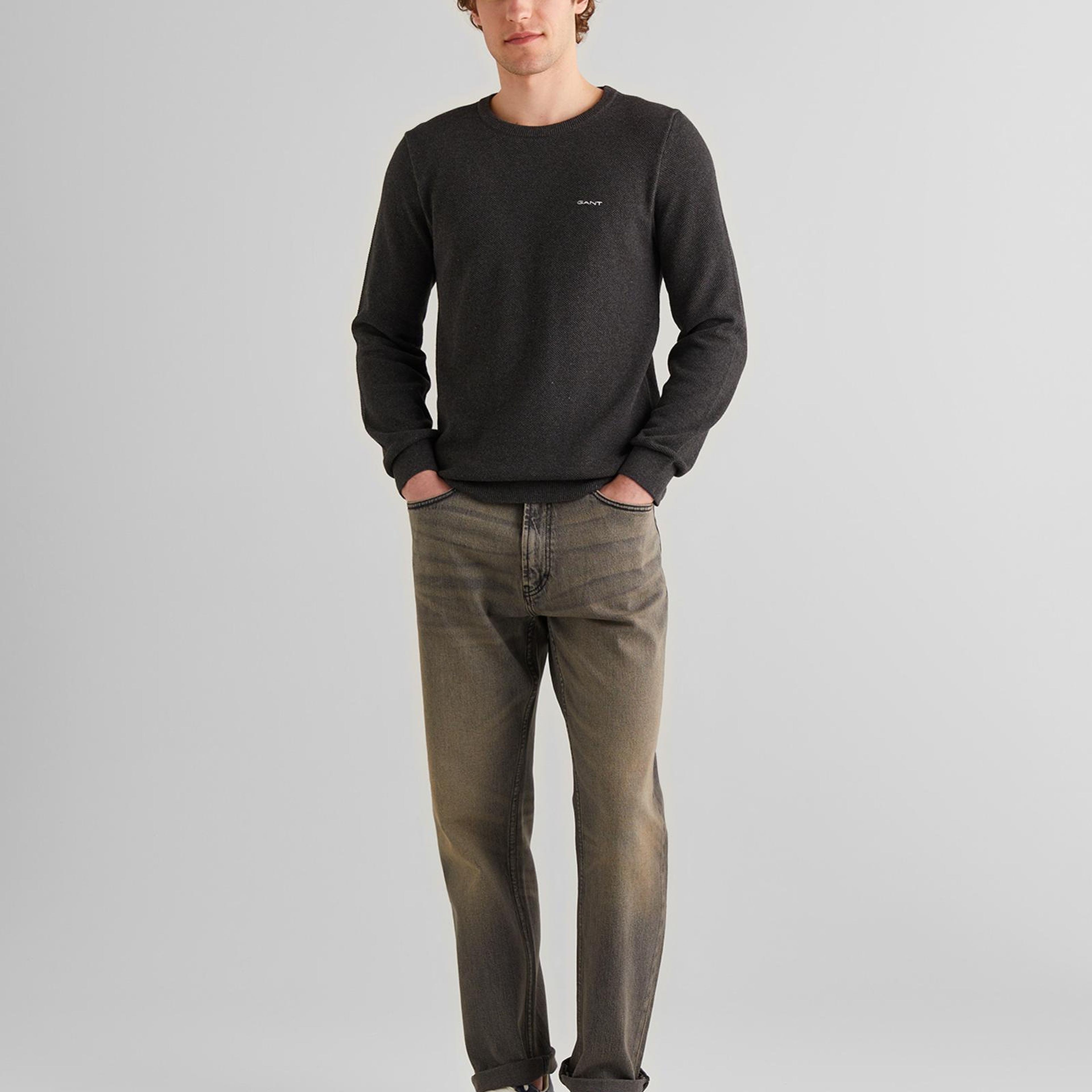 GANT Erkek Gri Regular Fit Bisiklet Yaka Kazak