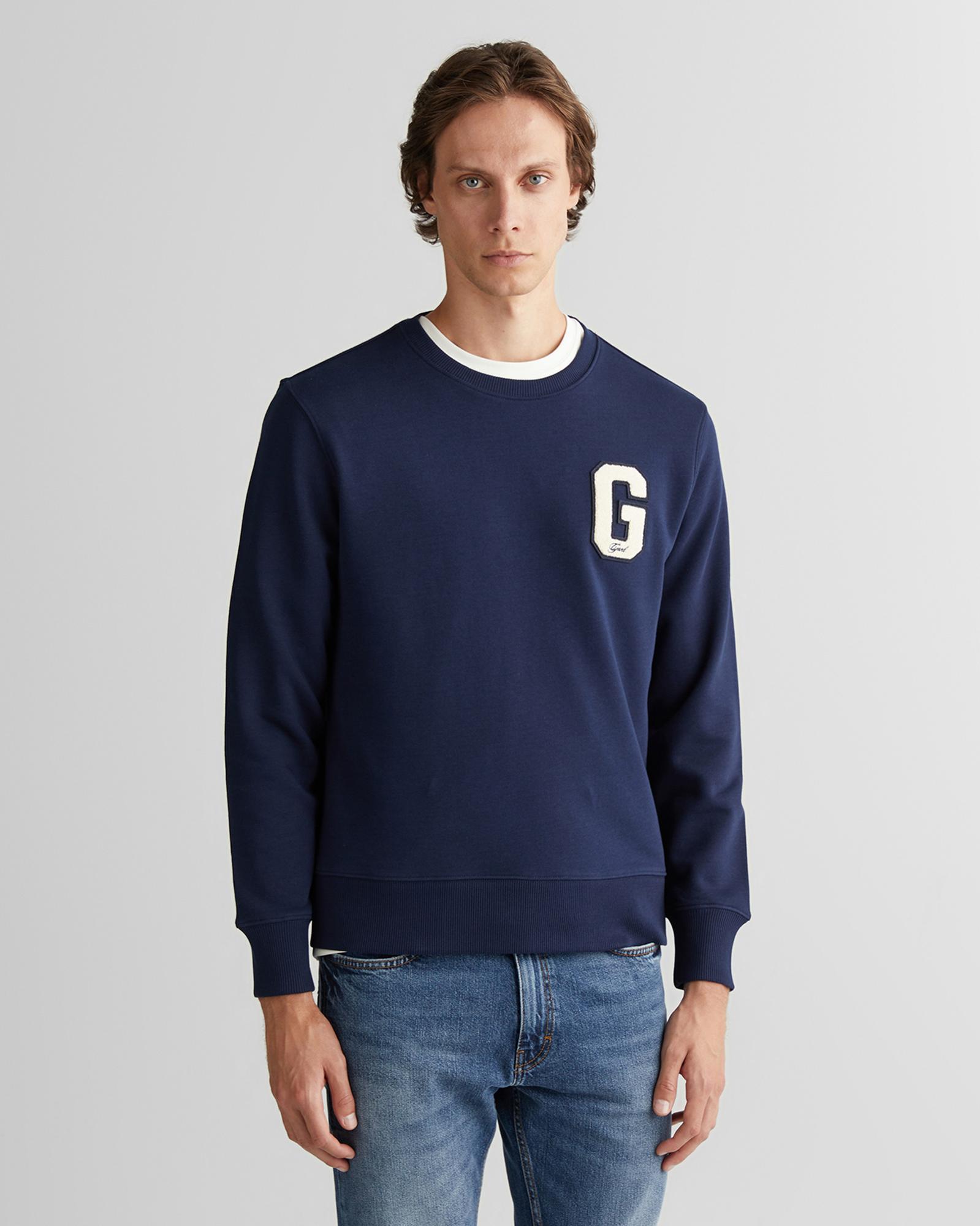 GANT Erkek Lacivert Regular Fit Bisiklet Yaka Logolu Sweatshirt