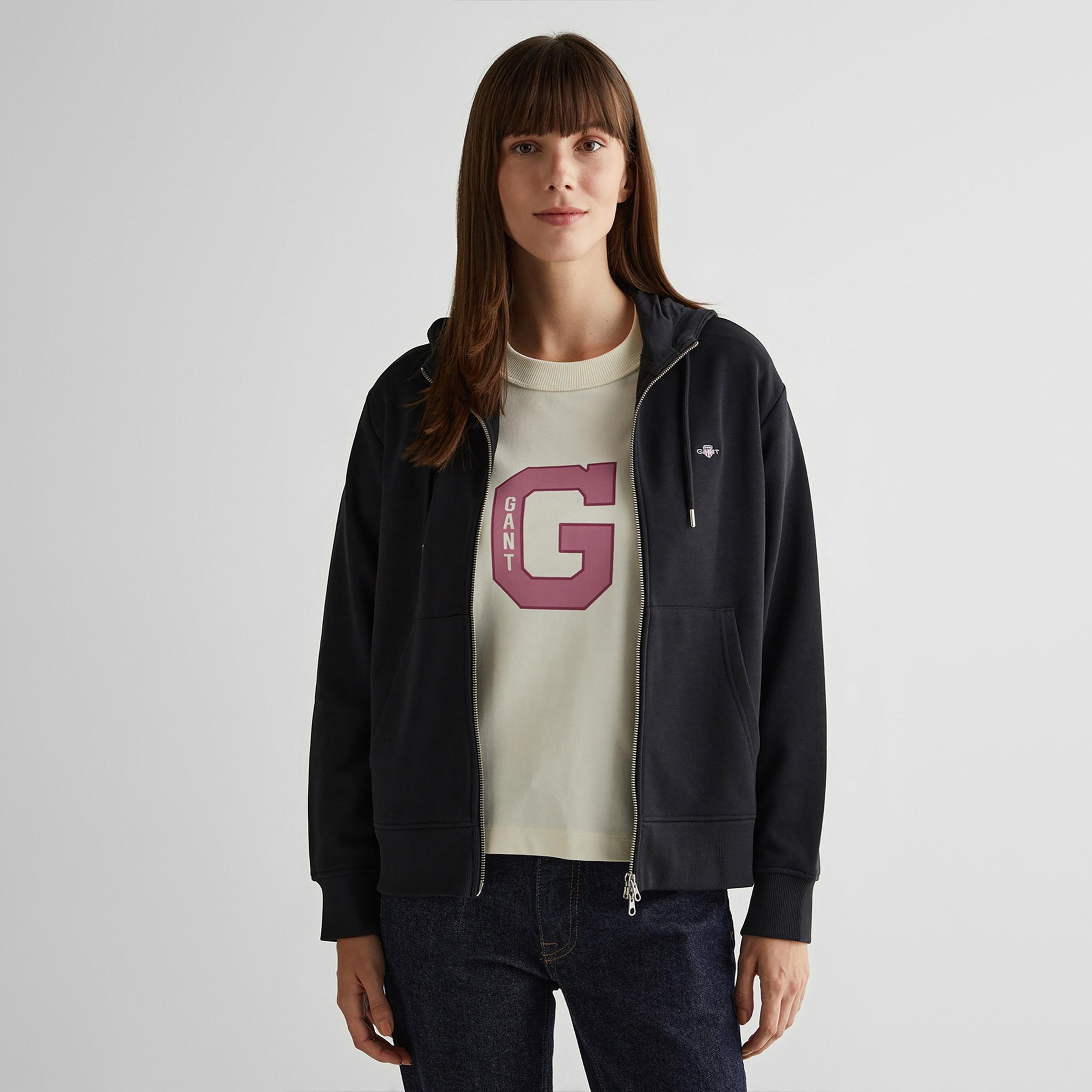GANT Kadın Siyah Relaxed Fit Kapüşonlu Sweatshirt