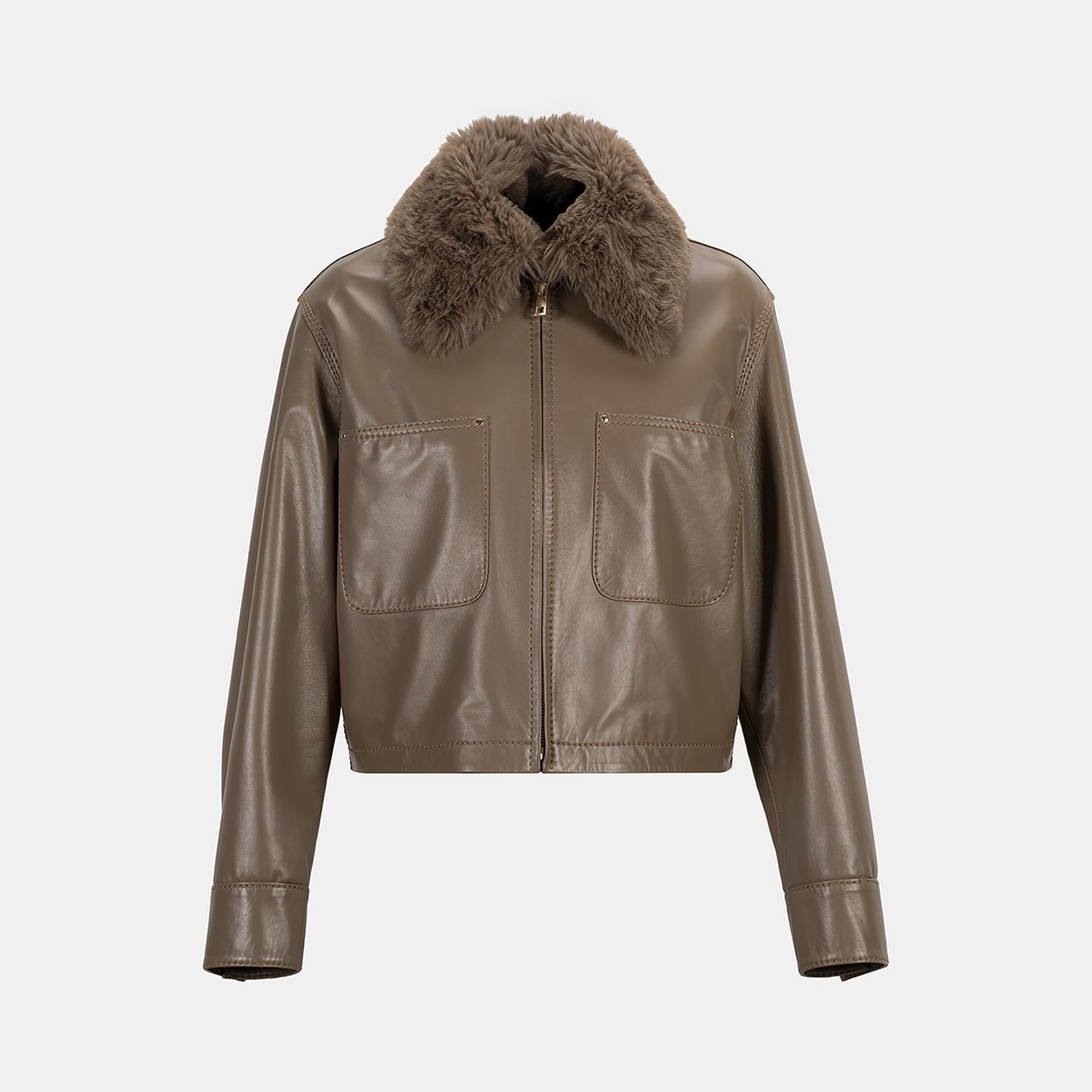 Kadın Kahve Gömlek Yakalı Kısa Deri Ceket