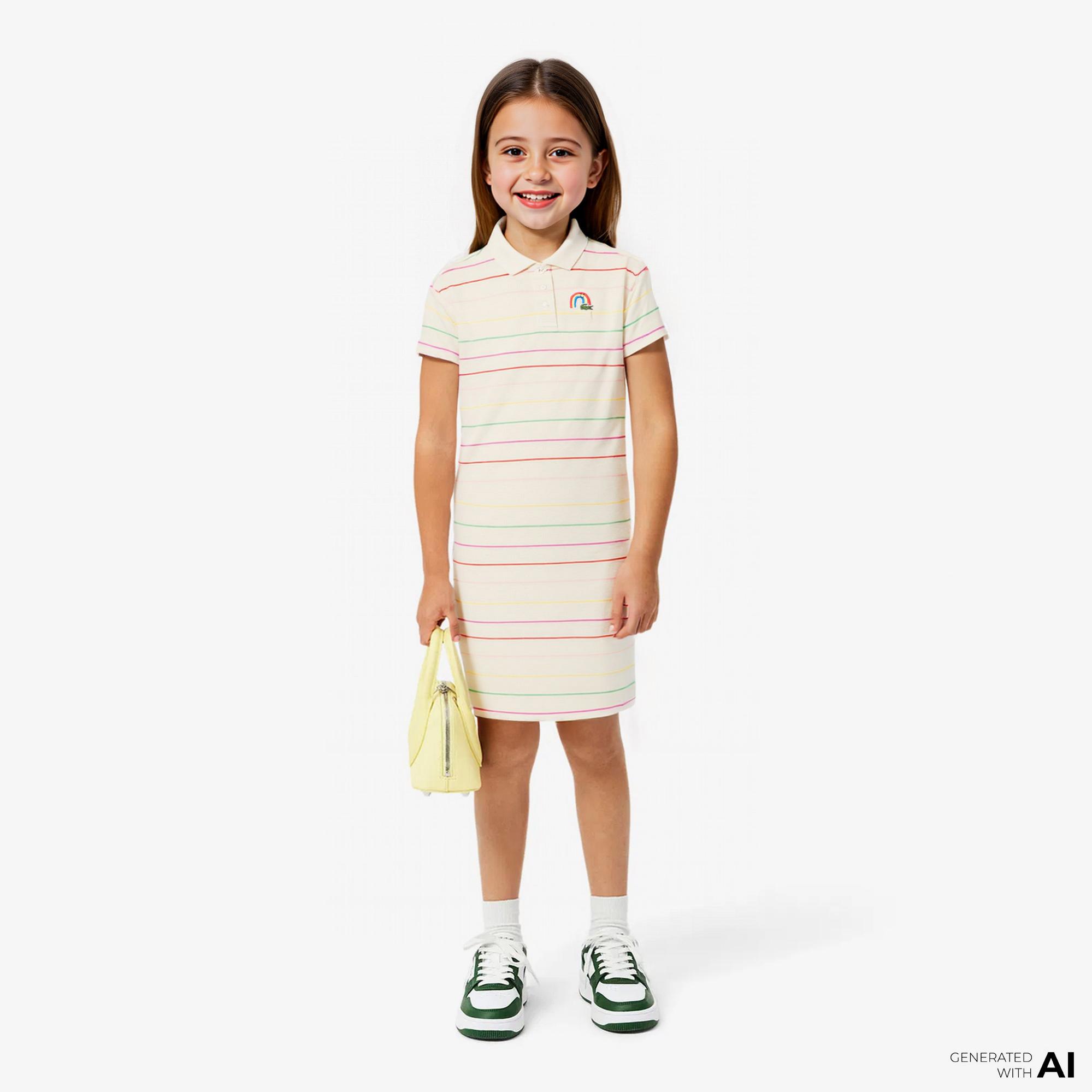 Lacoste Kız Çocuk Kısa Kollu Polo Yaka Çizgili Krem Elbise