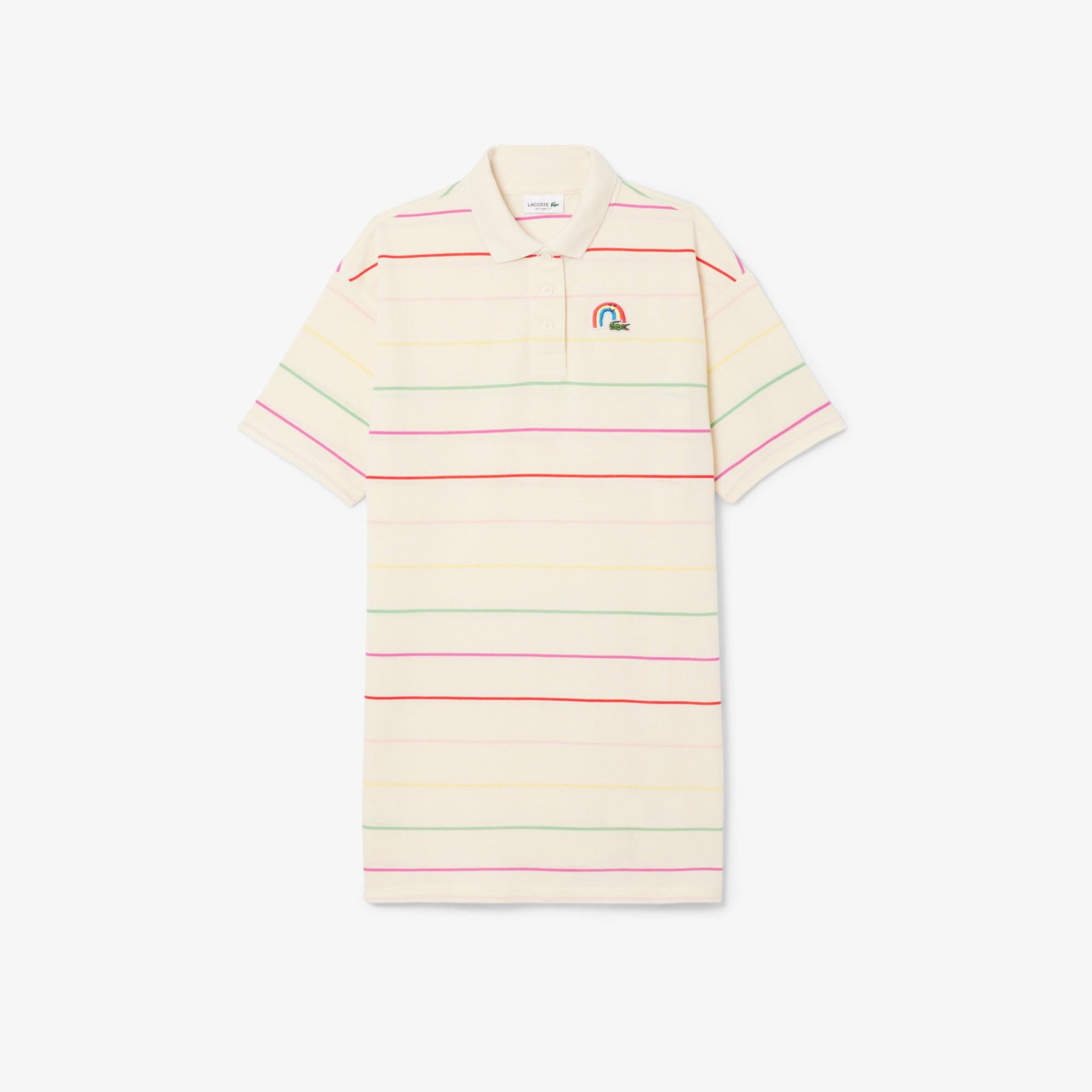 Lacoste Kız Çocuk Kısa Kollu Polo Yaka Çizgili Krem Elbise