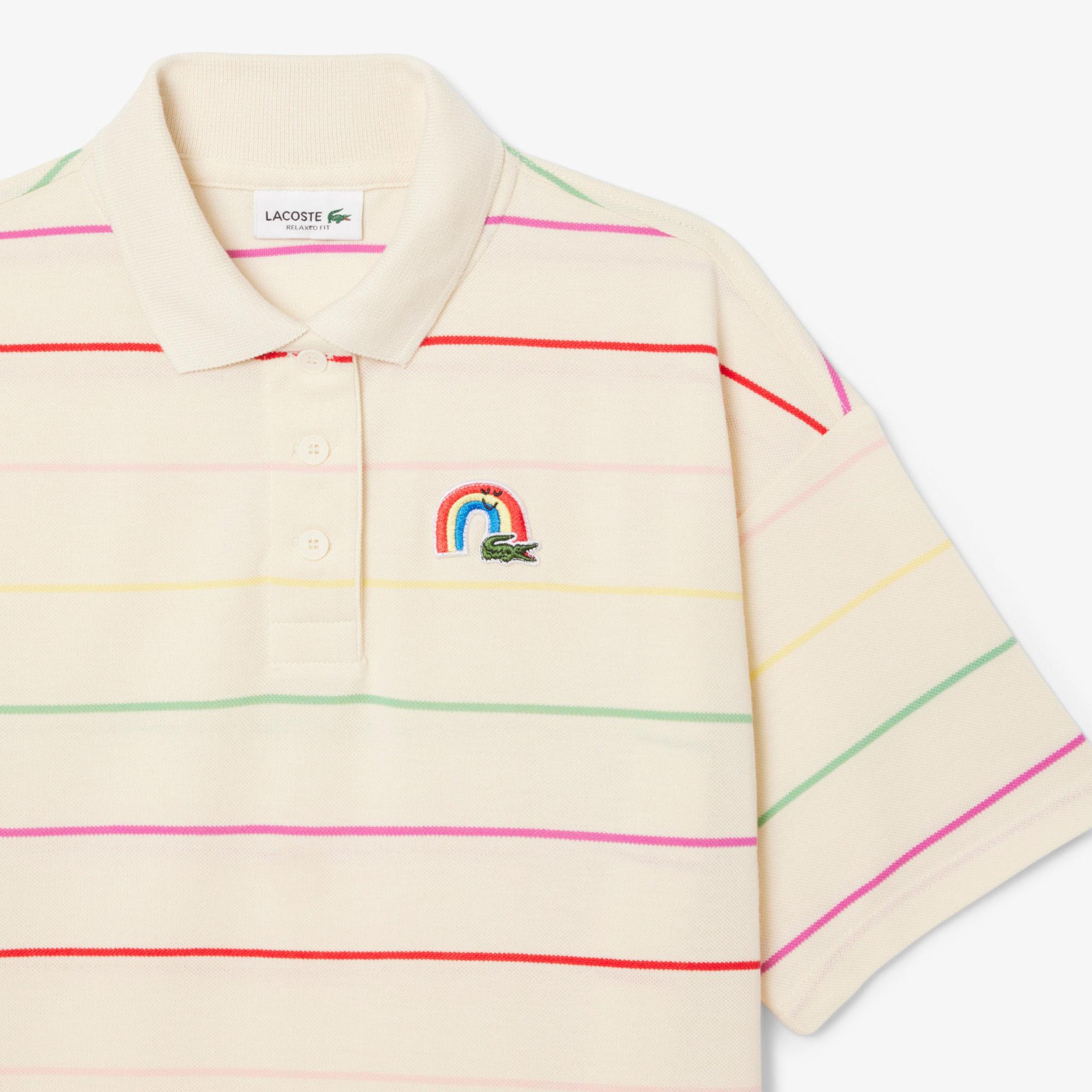 Lacoste Kız Çocuk Kısa Kollu Polo Yaka Çizgili Krem Elbise