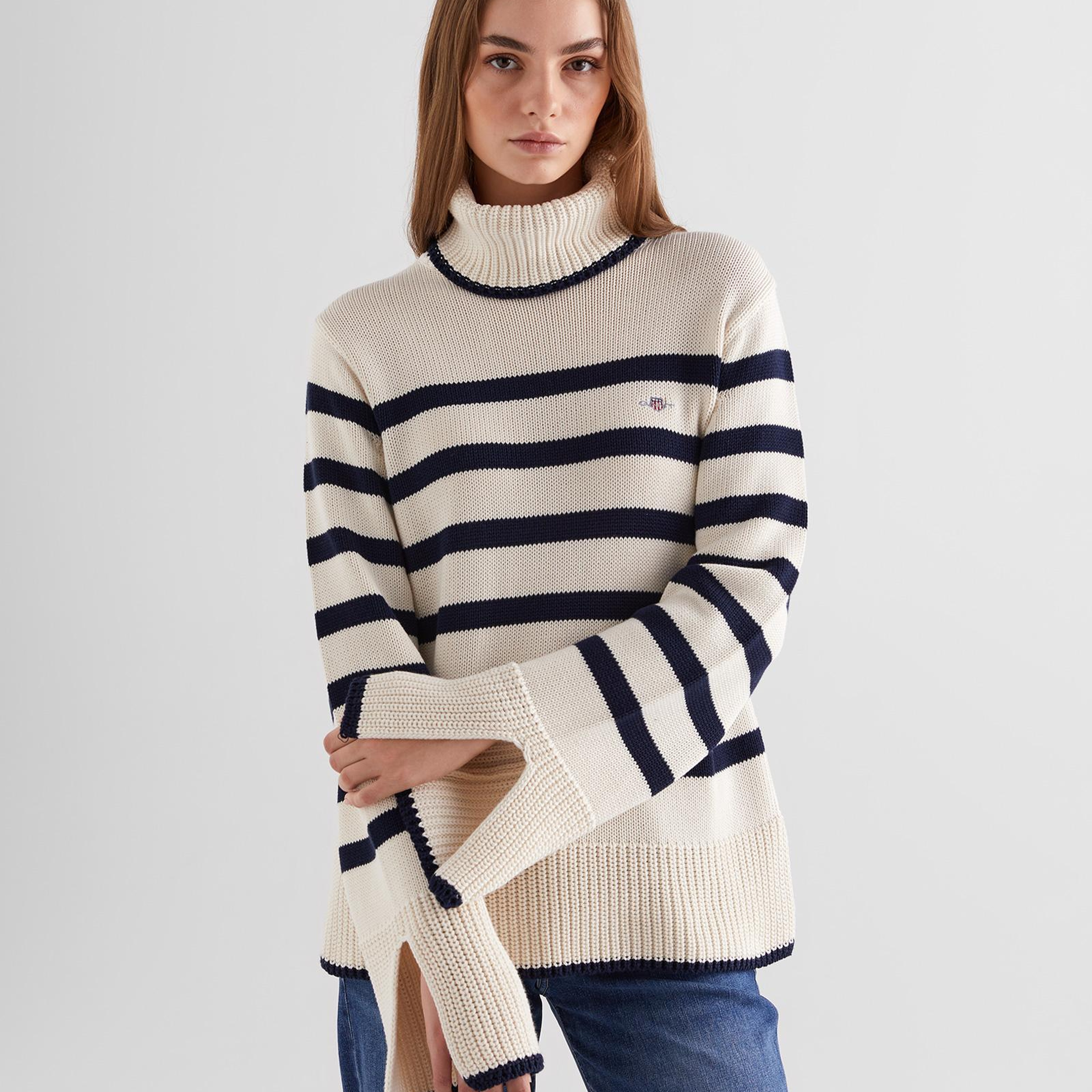 GANT Kadın Krem Oversize Fit Boğazlı Yaka Çizgili Kazak