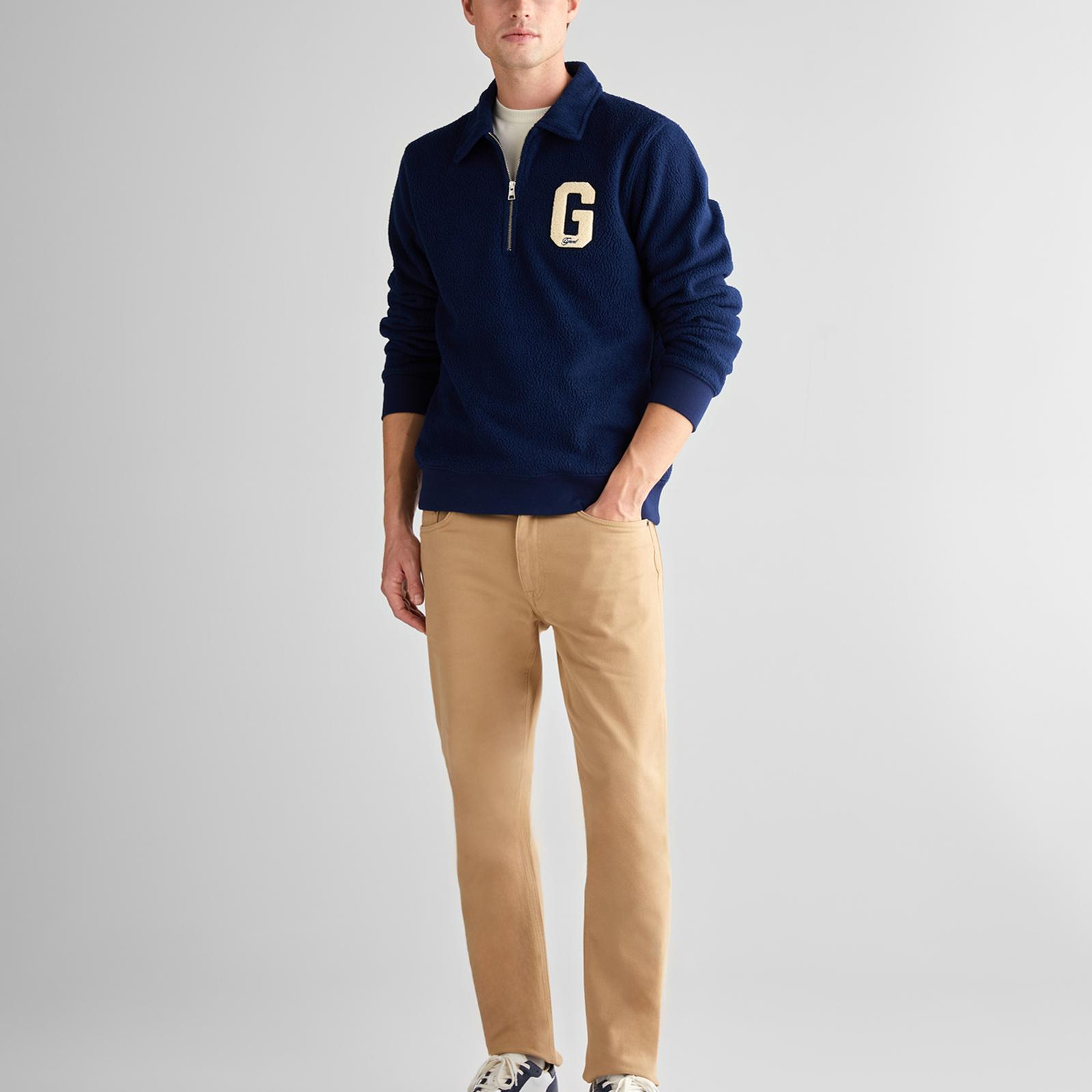 GANT Erkek Lacivert Regular Fit Yarım Fermuarlı Logolu Sweatshirt