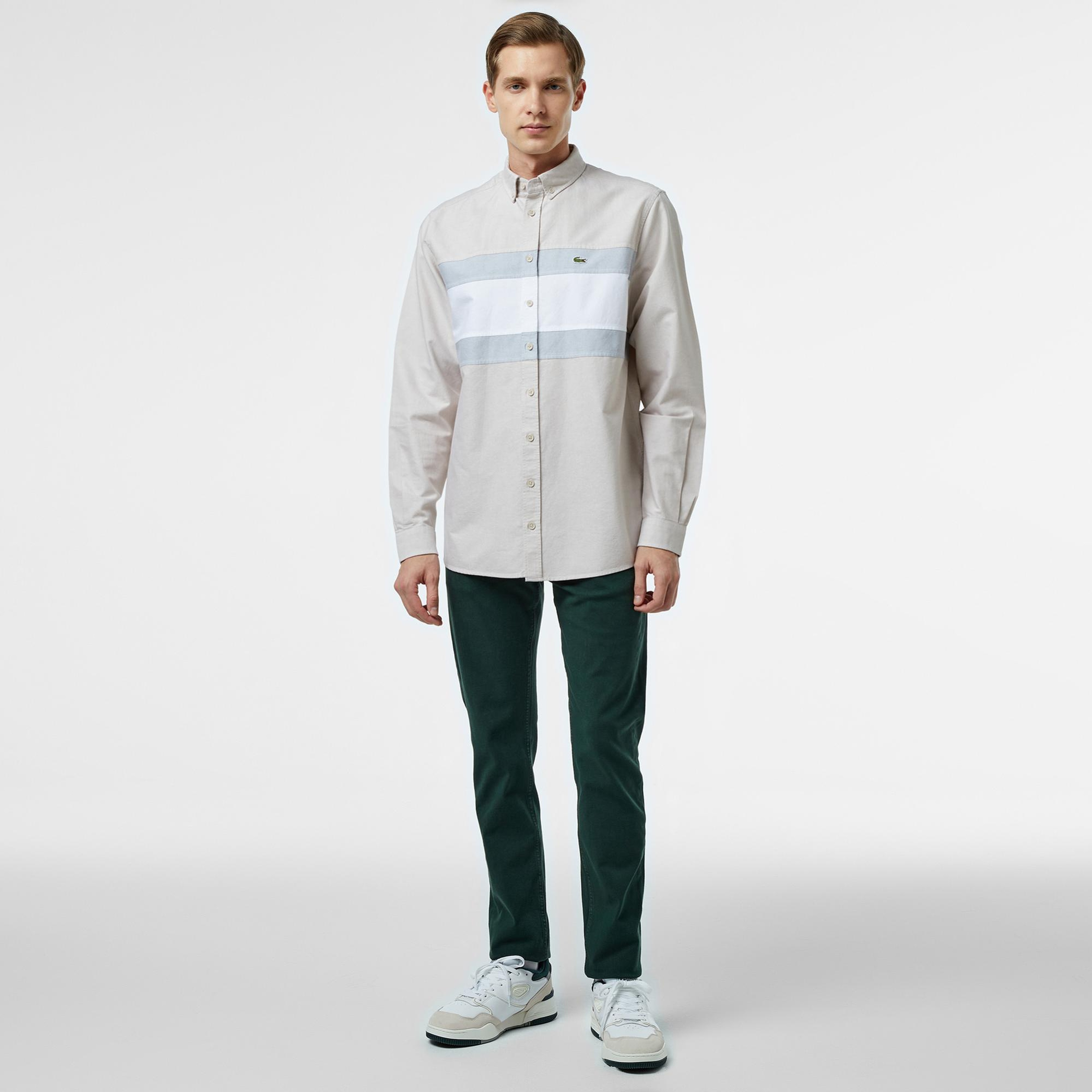 Erkek Regular Fit Düğmeli Yaka Çizgili Gri Gömlek