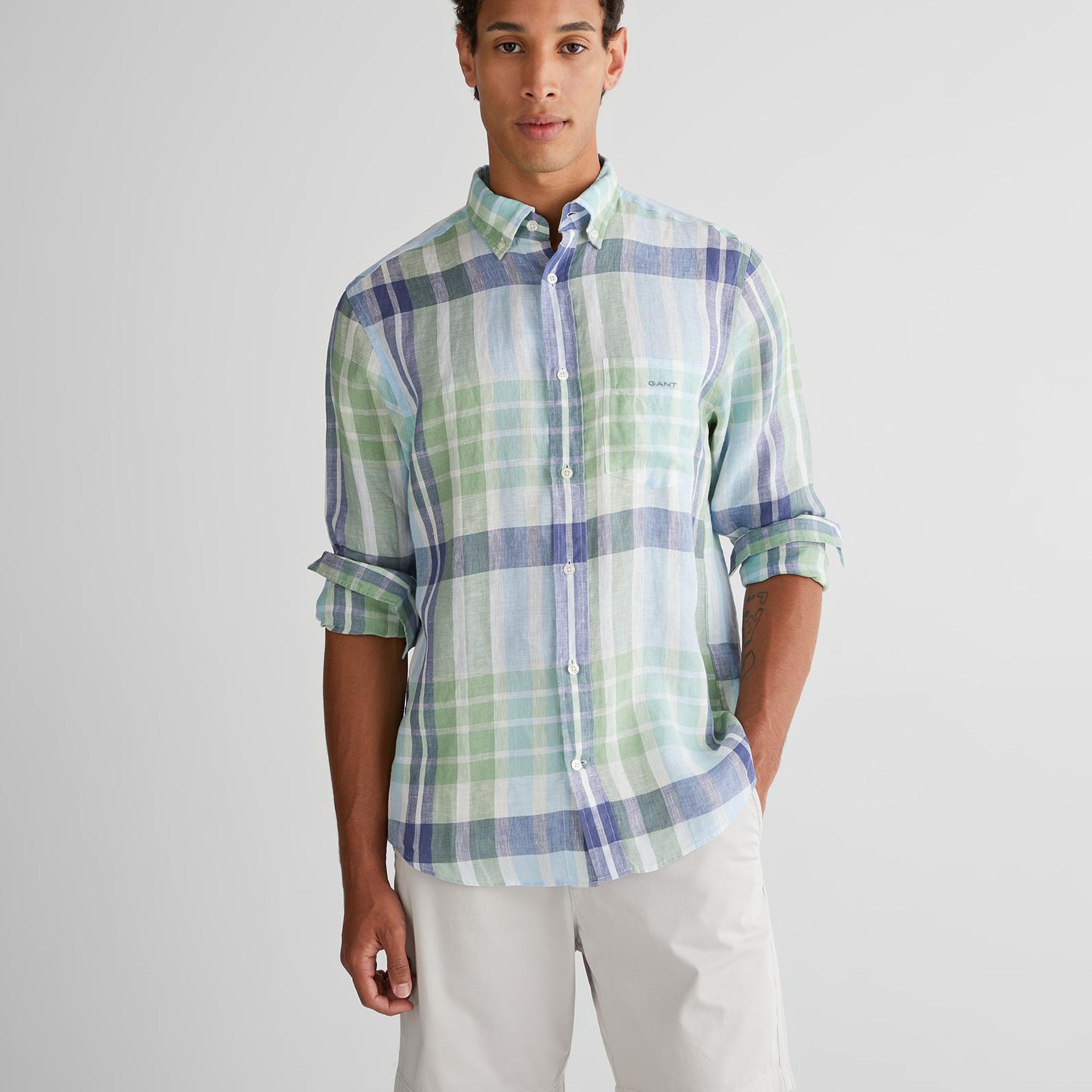 GANT Erkek Yeşil Regular Fit Düğmeli Yaka Kareli Gömlek