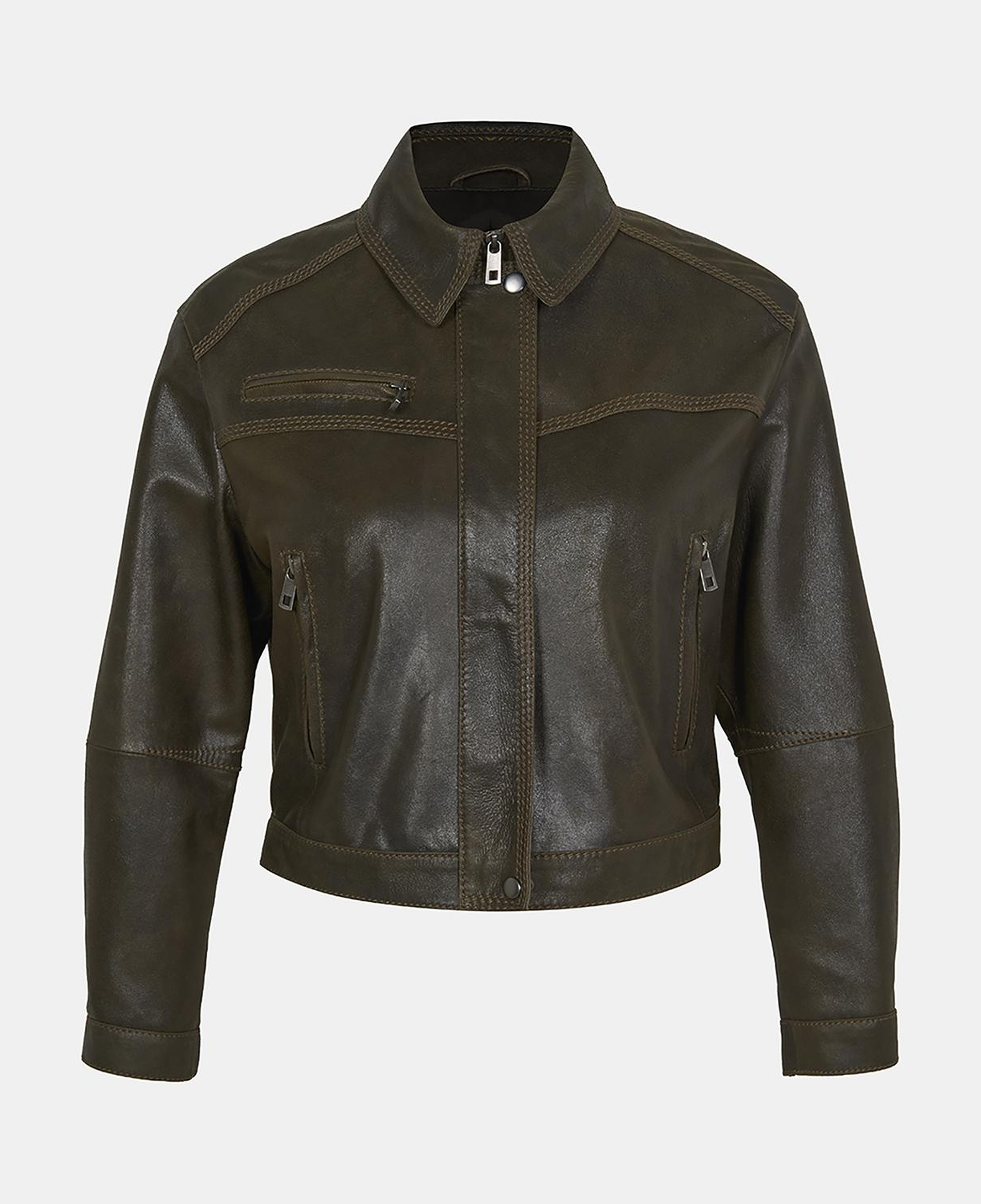 Kadın Haki Deri Bomber Ceket