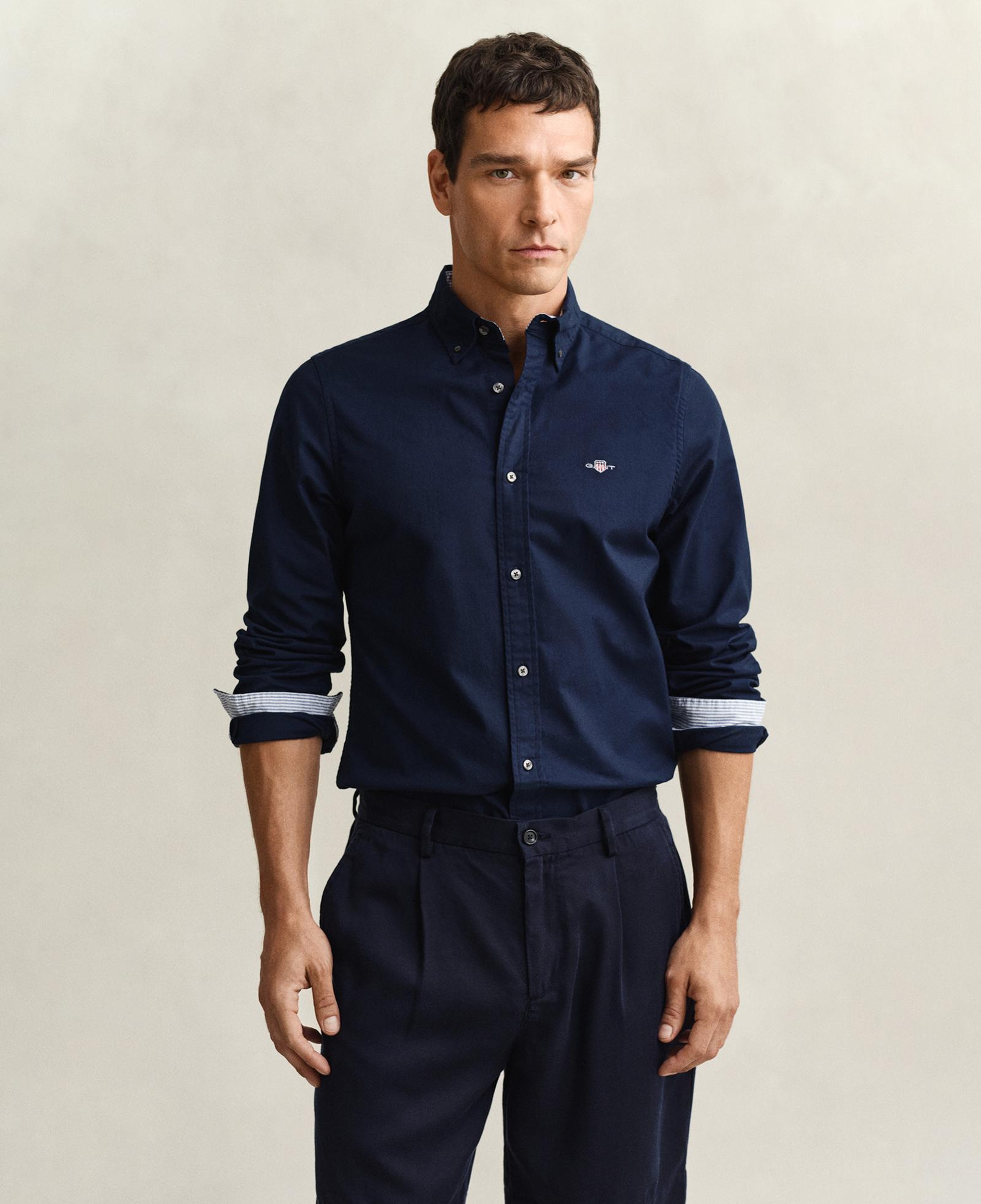 GANT Erkek Lacivert Slim Fit Çizgili Logolu Gömlek