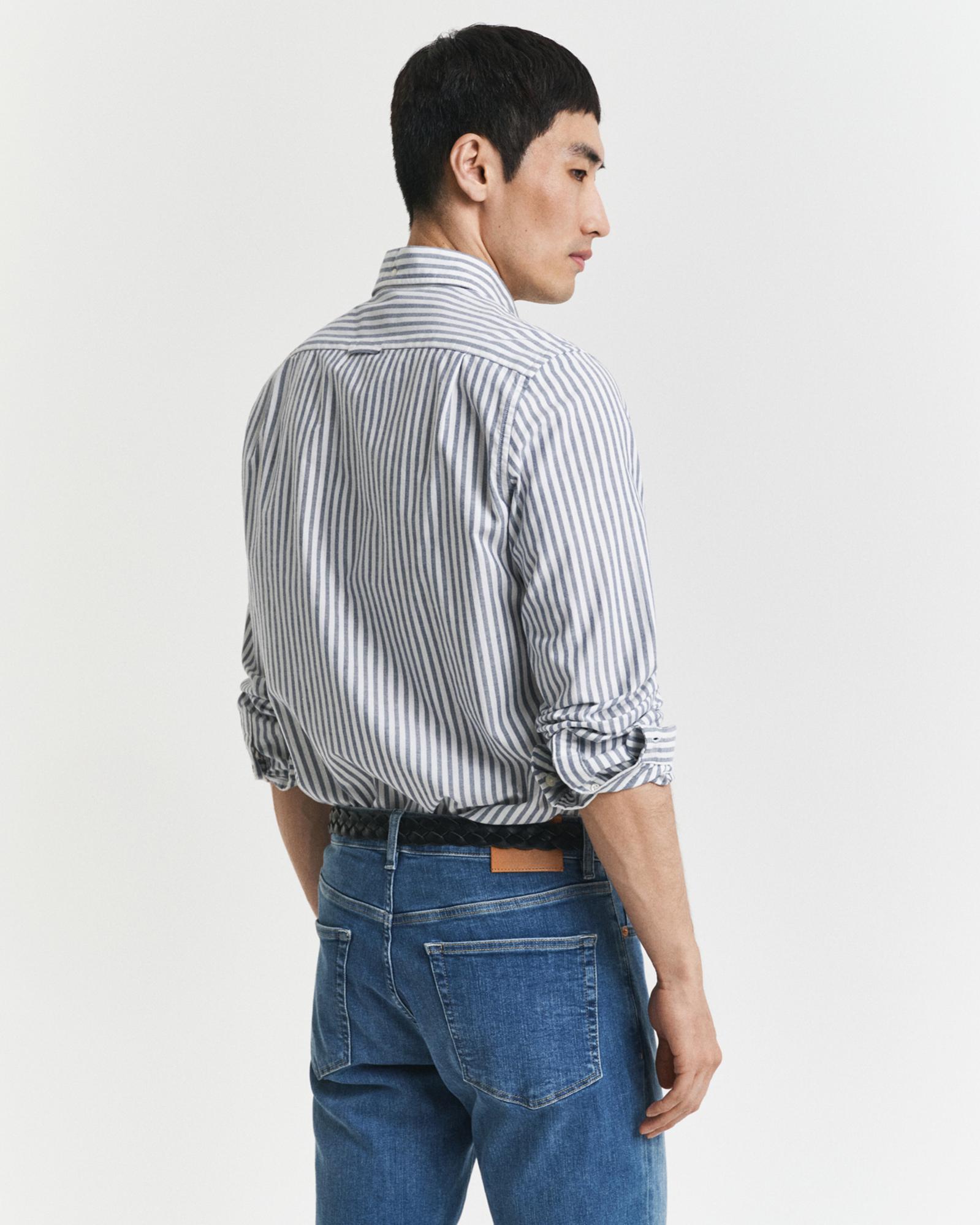 GANT Erkek Mavi Slim Fit Düğmeli Yaka Çizgili Oxford Gömlek