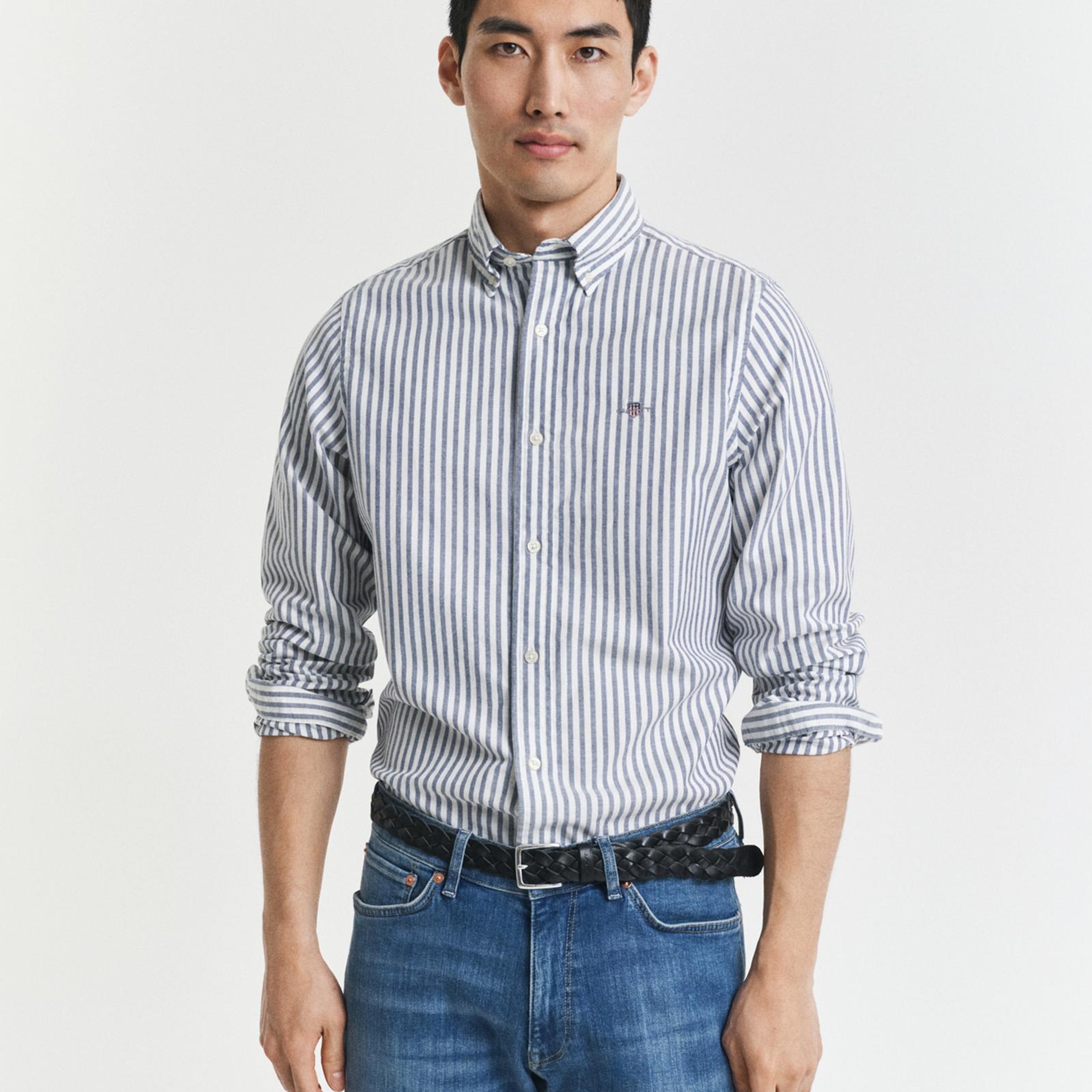GANT Erkek Mavi Slim Fit Düğmeli Yaka Çizgili Oxford Gömlek