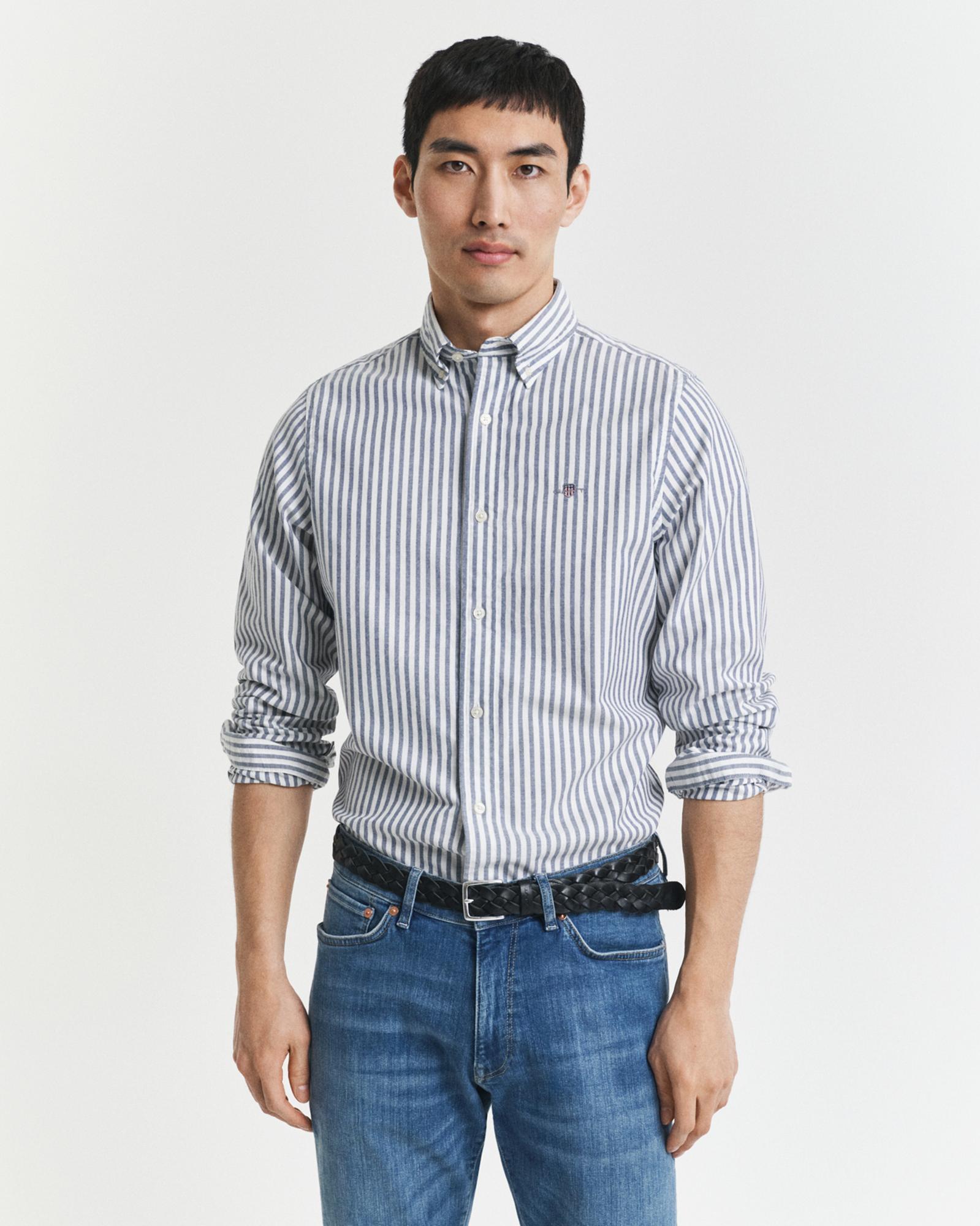 GANT Erkek Mavi Slim Fit Düğmeli Yaka Çizgili Oxford Gömlek