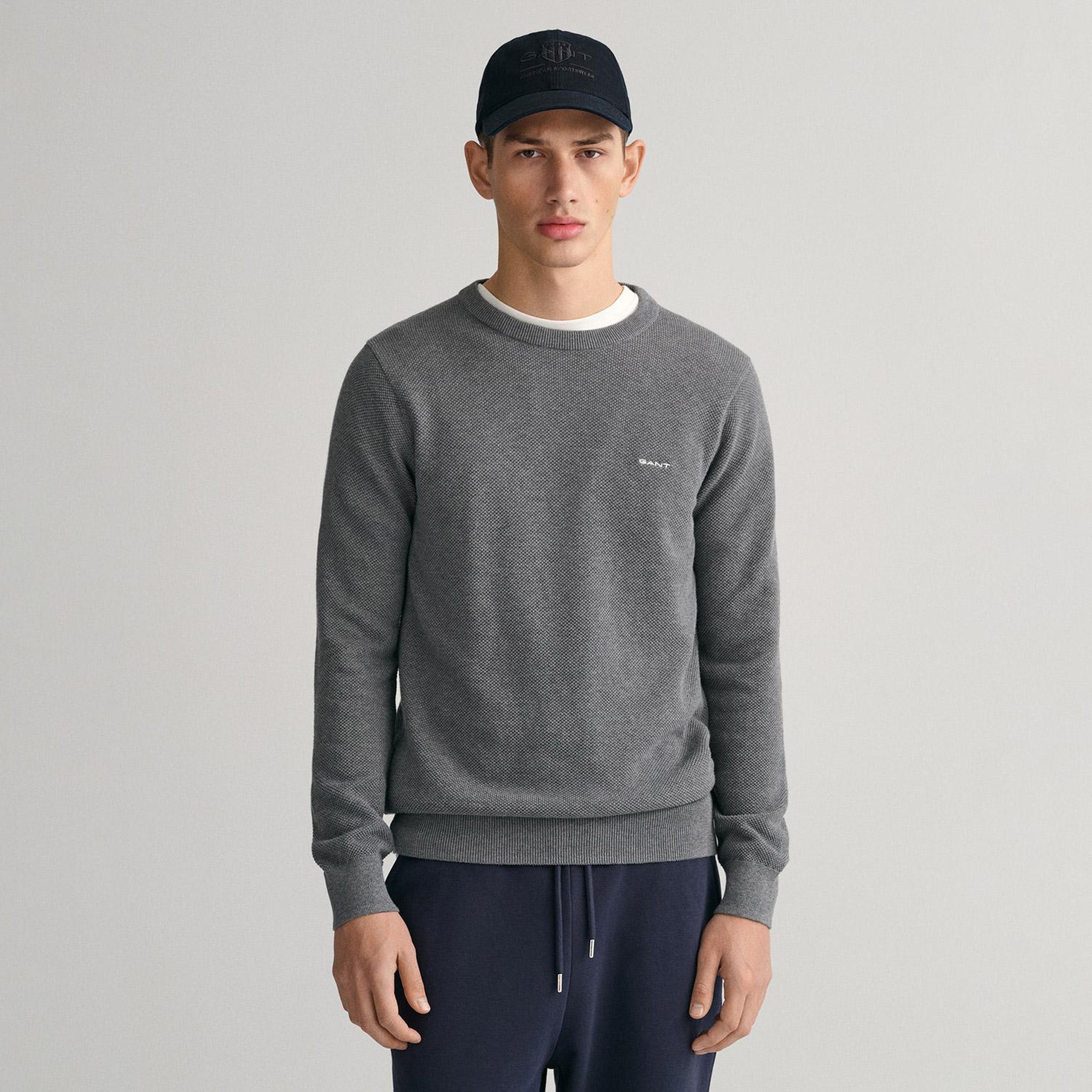 GANT Erkek Gri Regular Fit Bisiklet Yaka Kazak