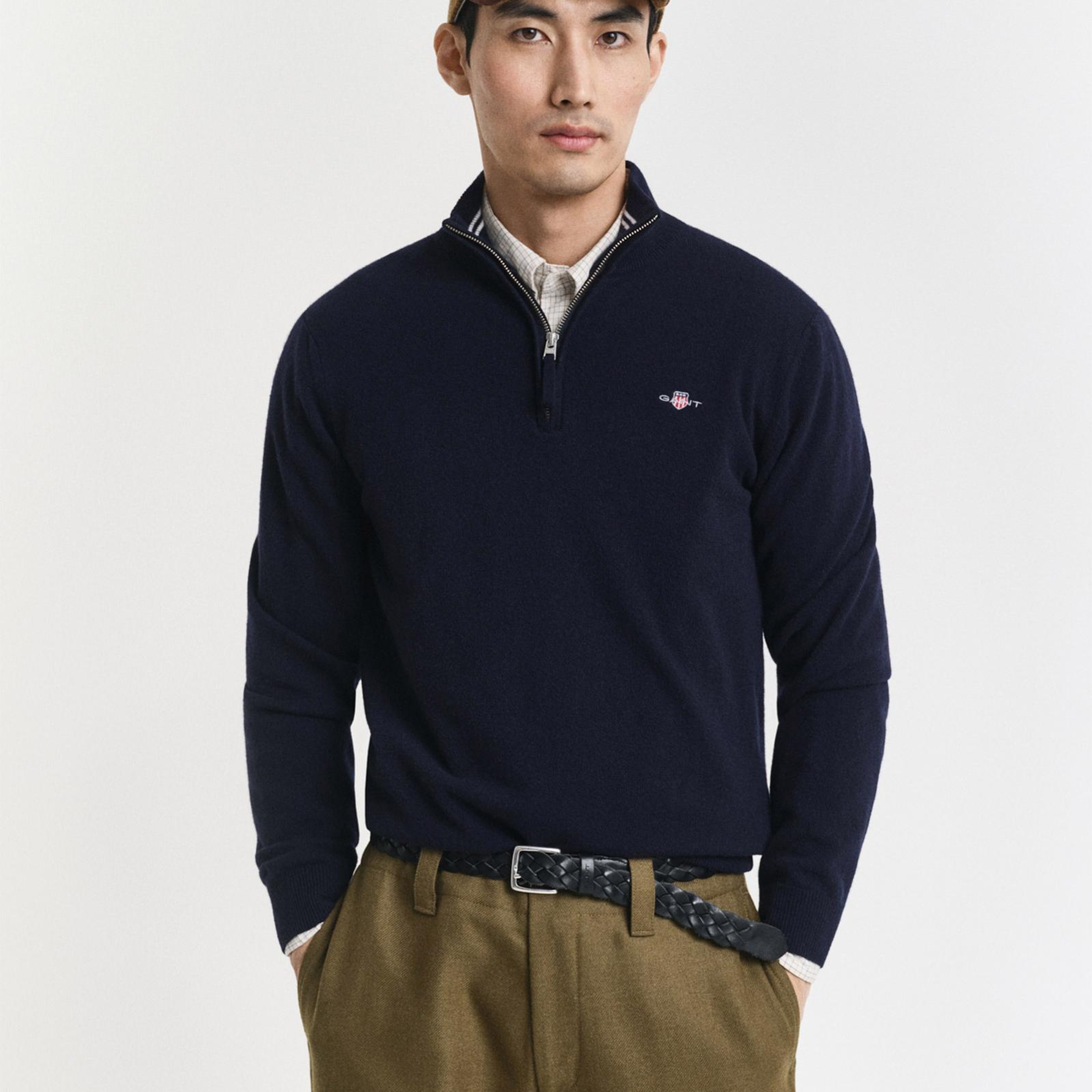 GANT Erkek Lacivert Regular Fit Yarım Fermuarlı Yün Kazak