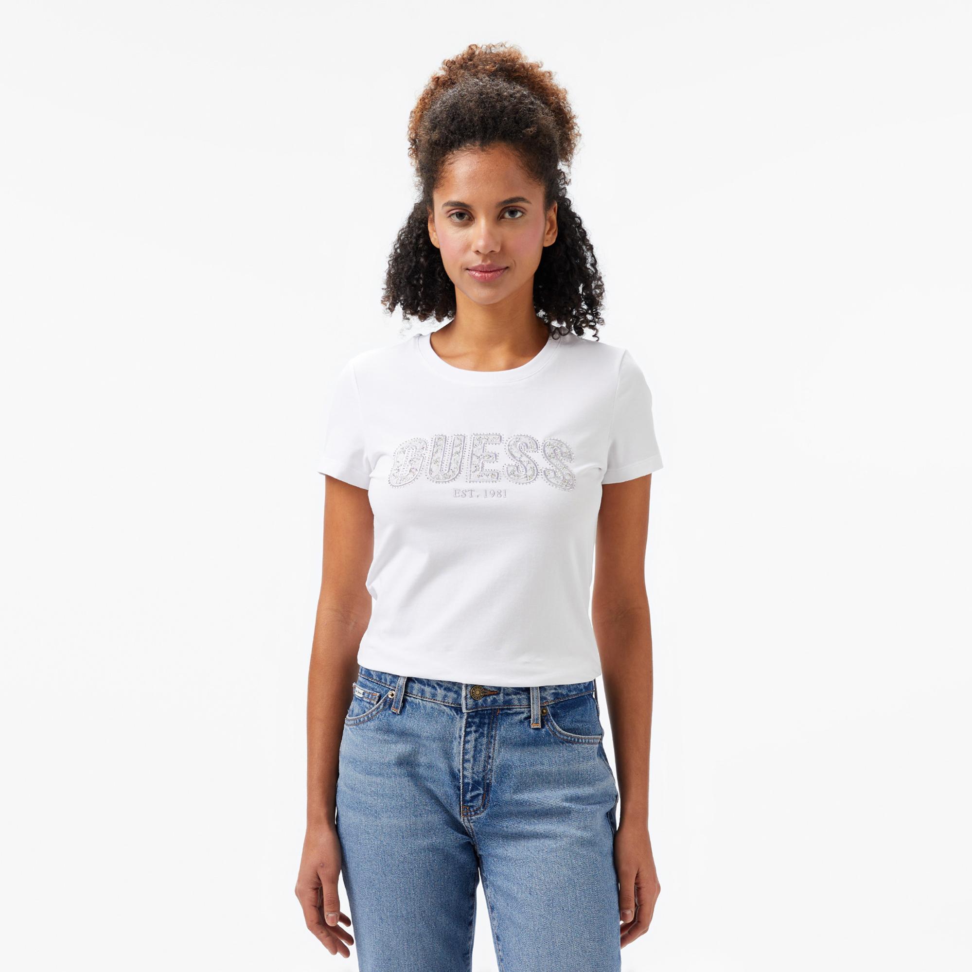 Guess Logo Kadın Beyaz T-Shirt