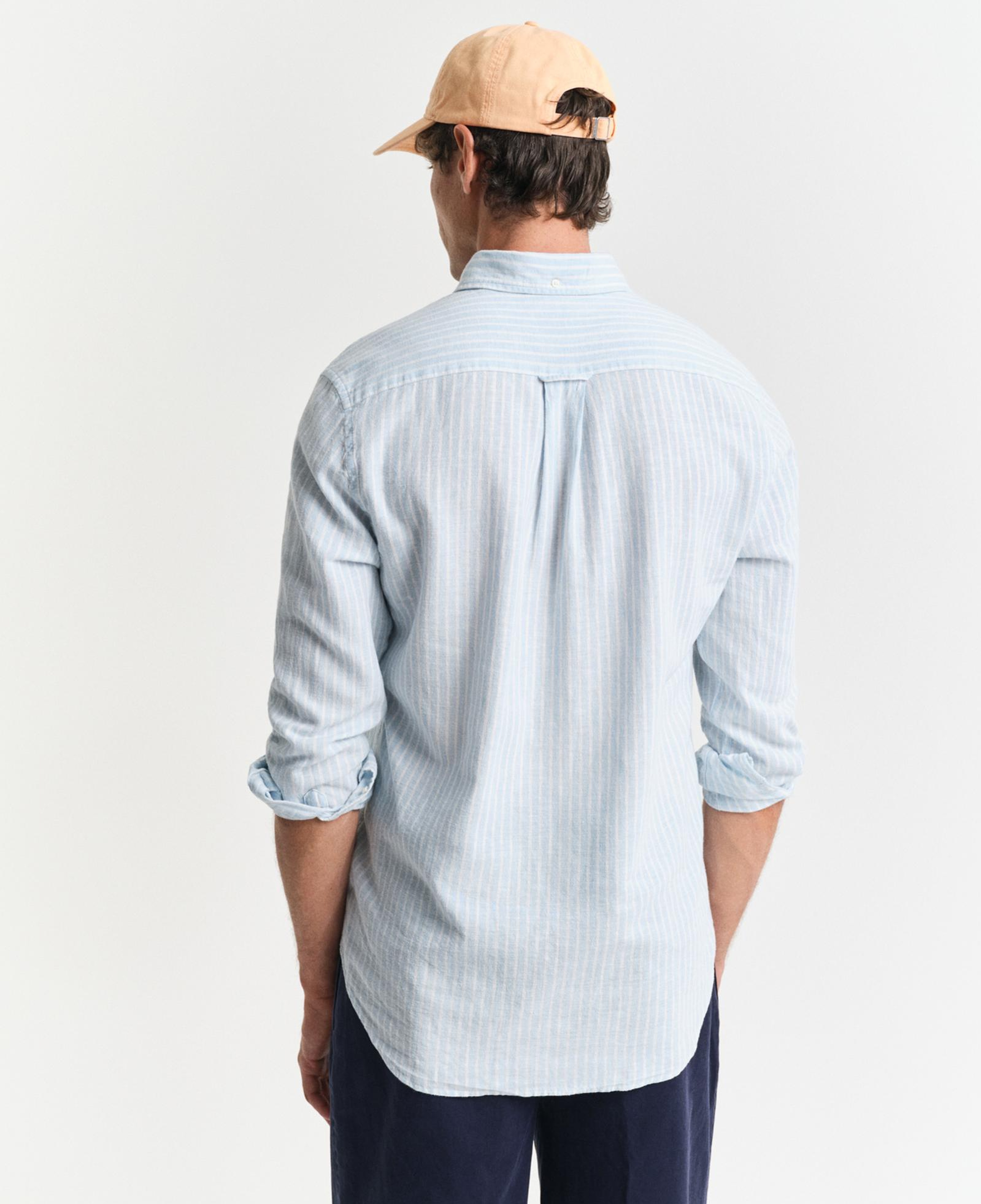 GANT Erkek Mavi Regular Fit Düğmeli Yaka Çizgili Keten Gömlek