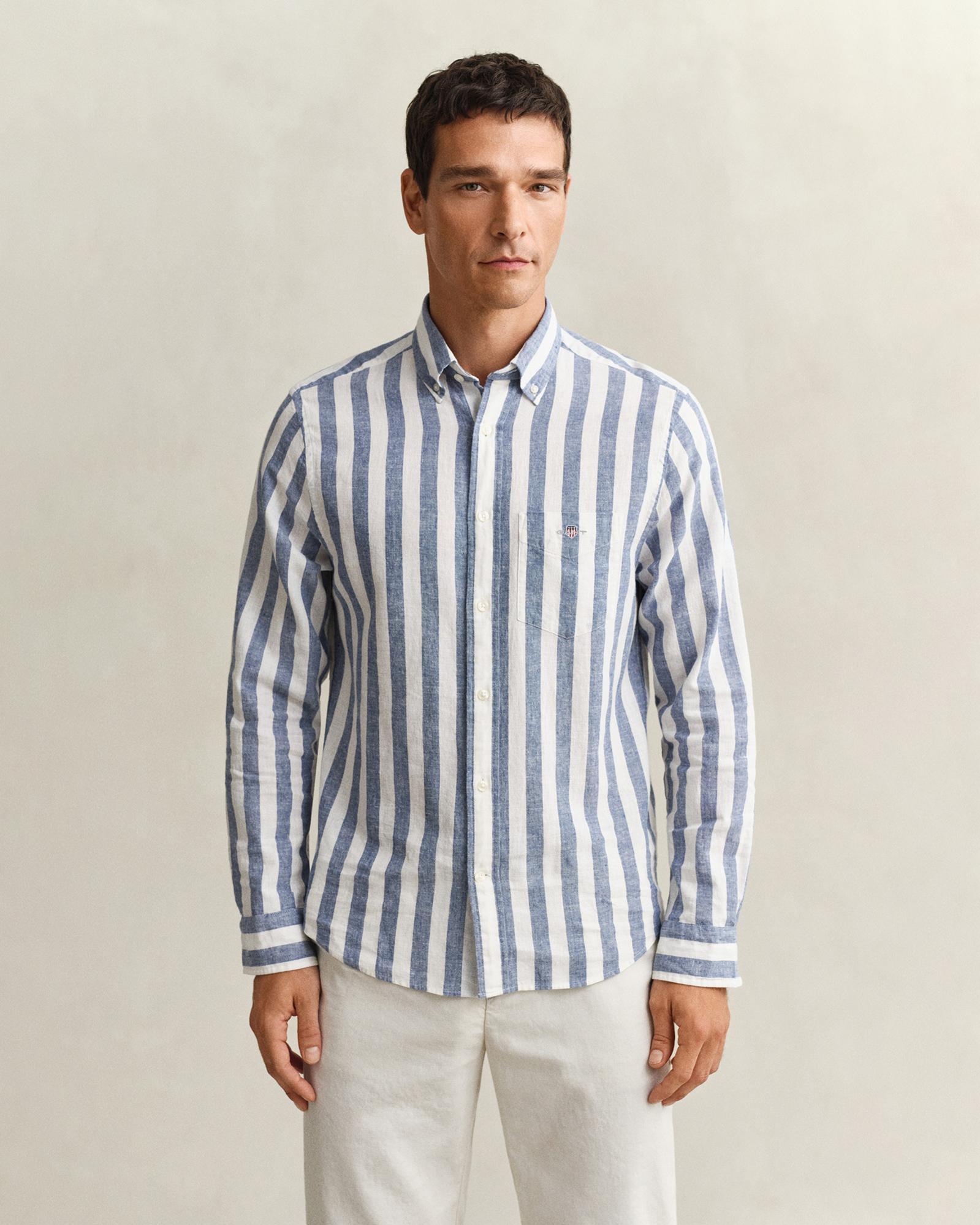 GANT Erkek Mavi Regular Fit Çizgili Logolu Gömlek