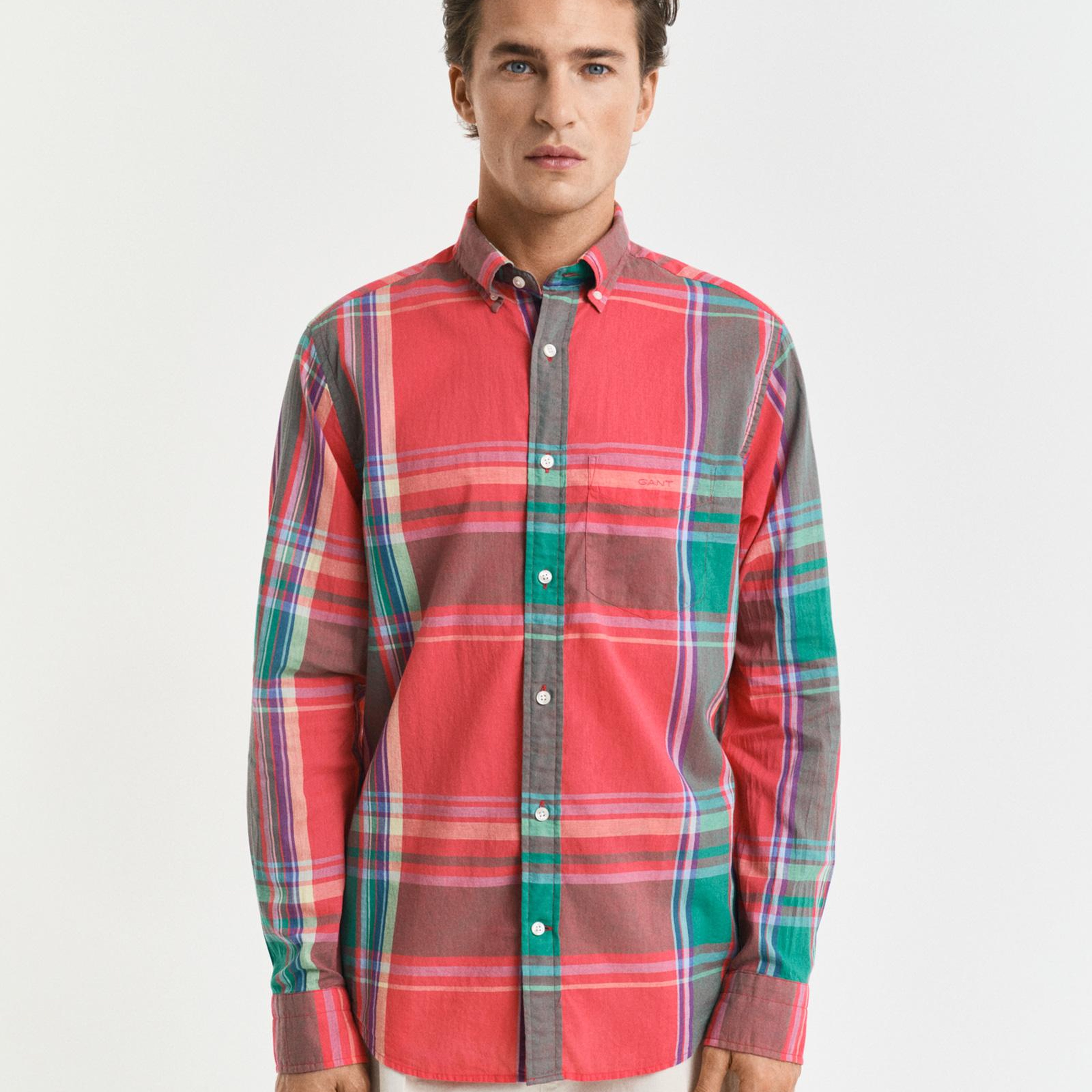 GANT Erkek Kırmızı Regular Fit Düğmeli Yaka Kareli Gömlek