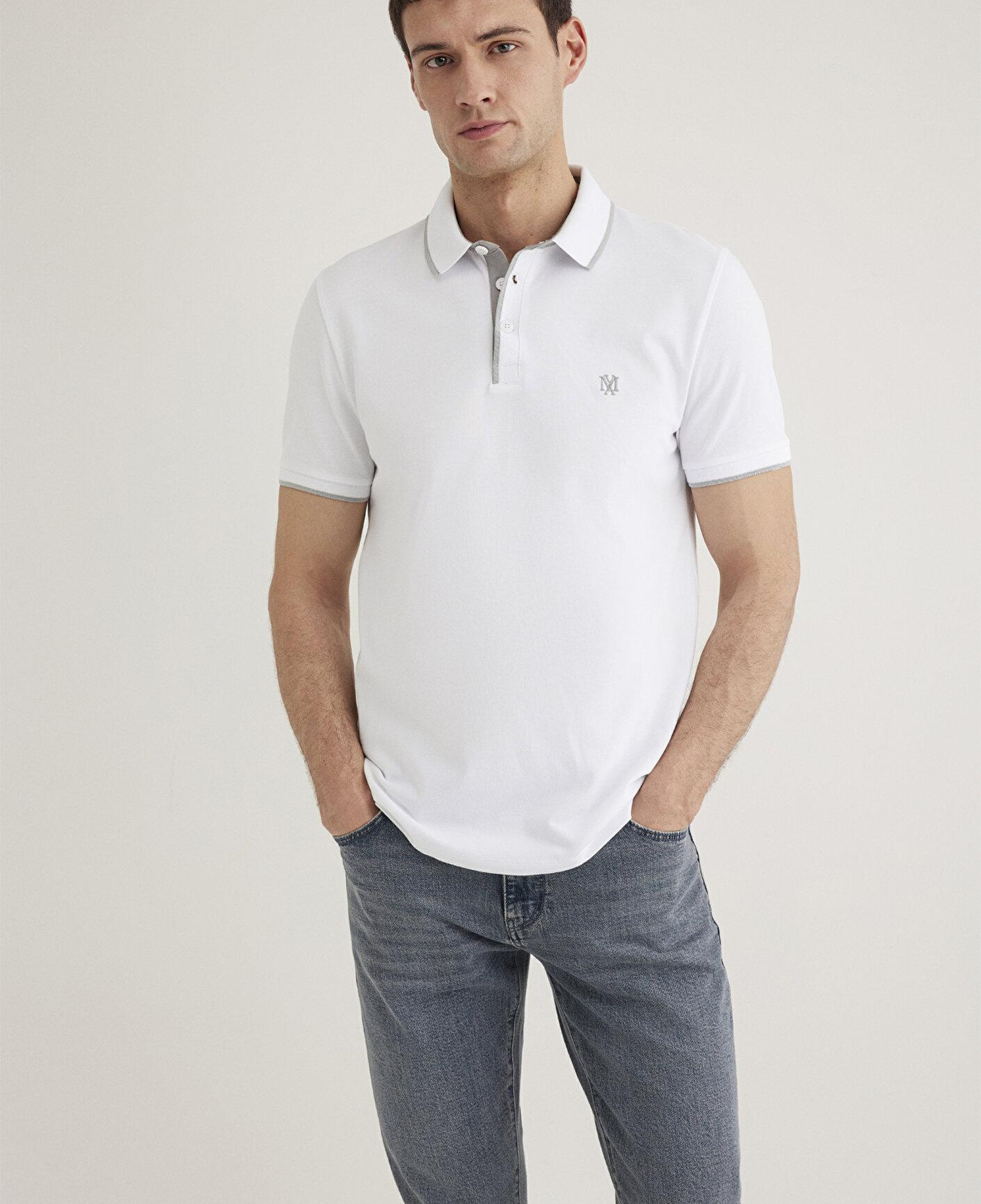 Mavi Yaka Detaylı Beyaz Polo Tişört Fitted / Vücuda Oturan Kesim 062373-27879