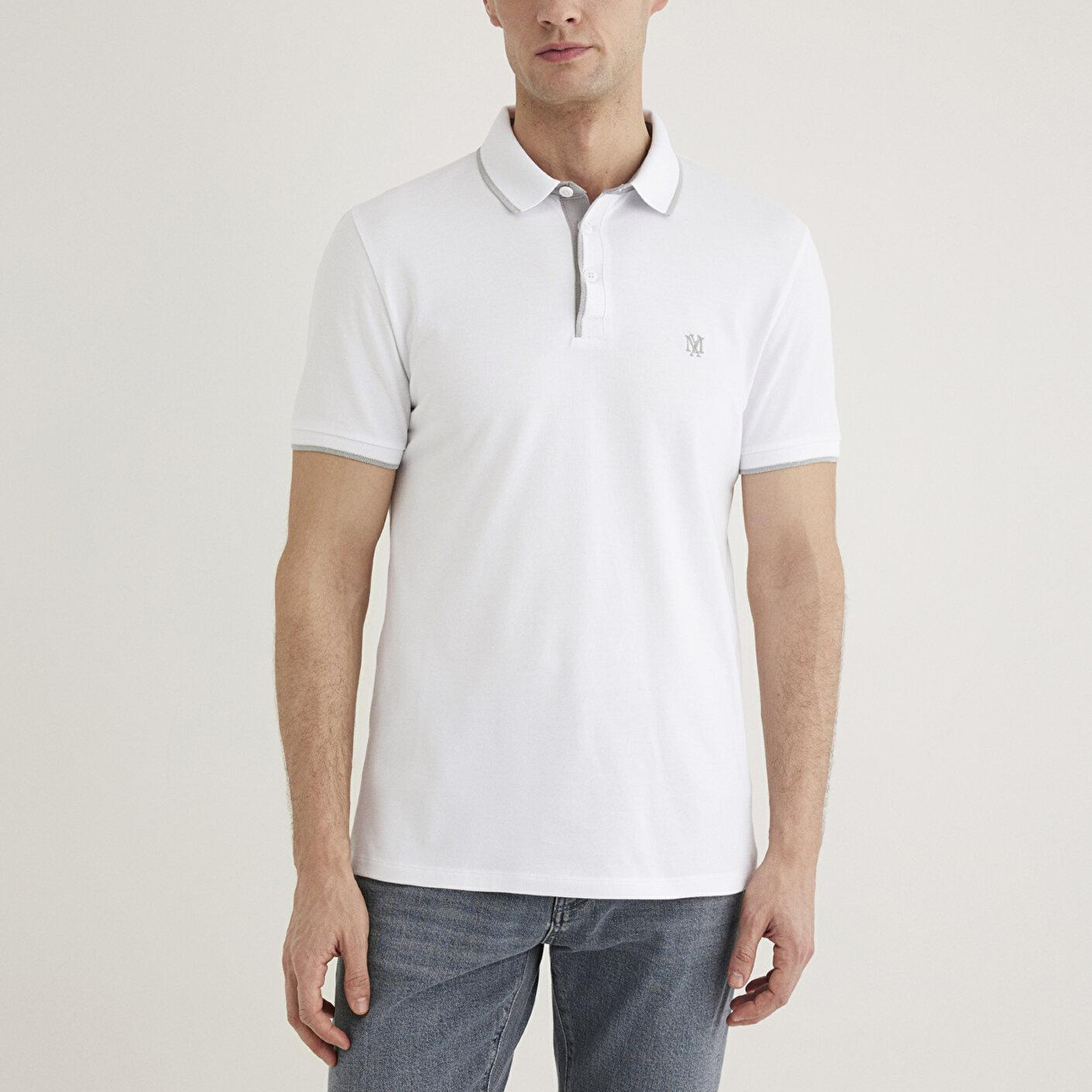 Mavi Yaka Detaylı Beyaz Polo Tişört Fitted / Vücuda Oturan Kesim 062373-27879