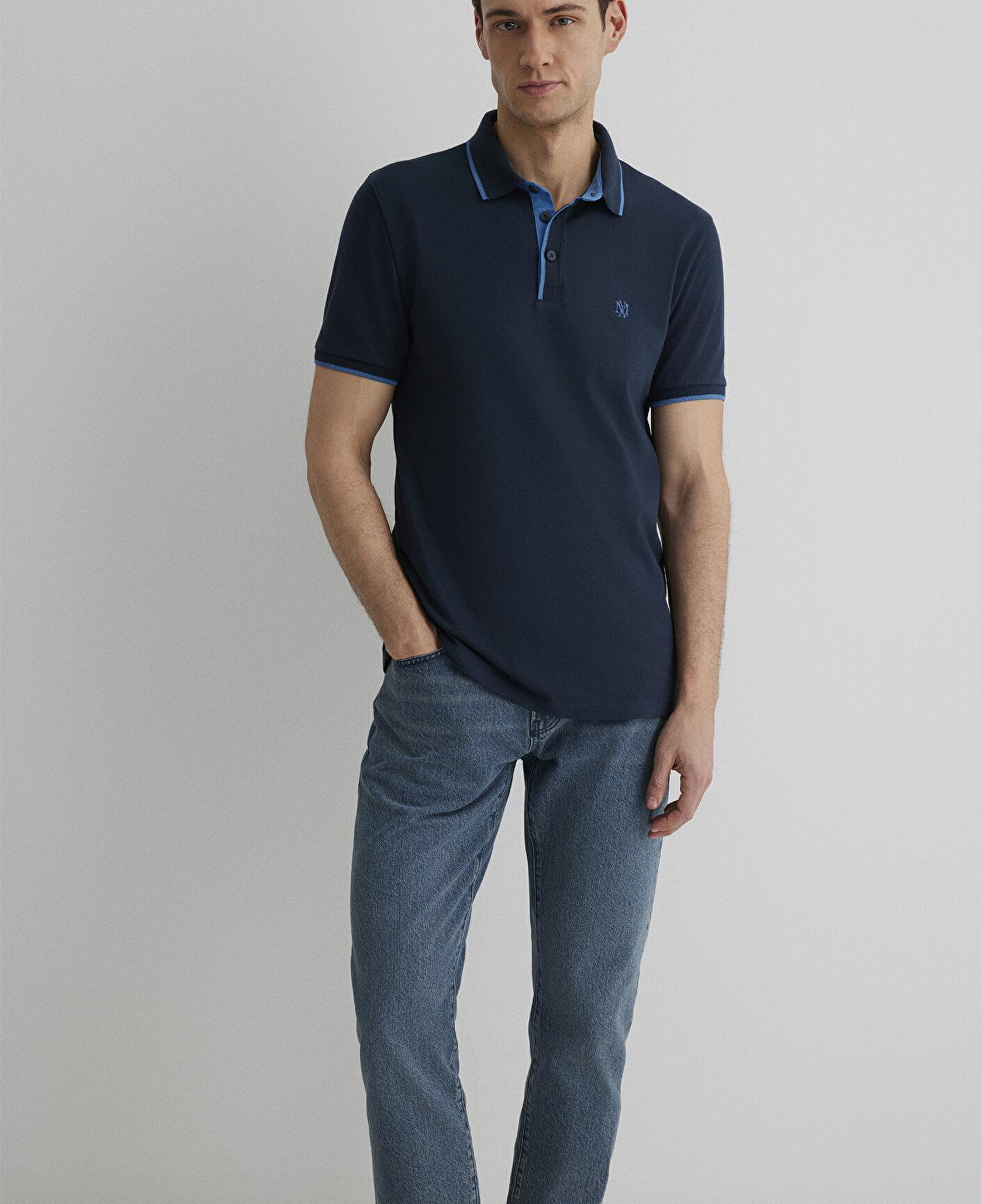 Mavi Yaka Detaylı Lacivert Polo Tişört Fitted / Vücuda Oturan Kesim 062373-28417