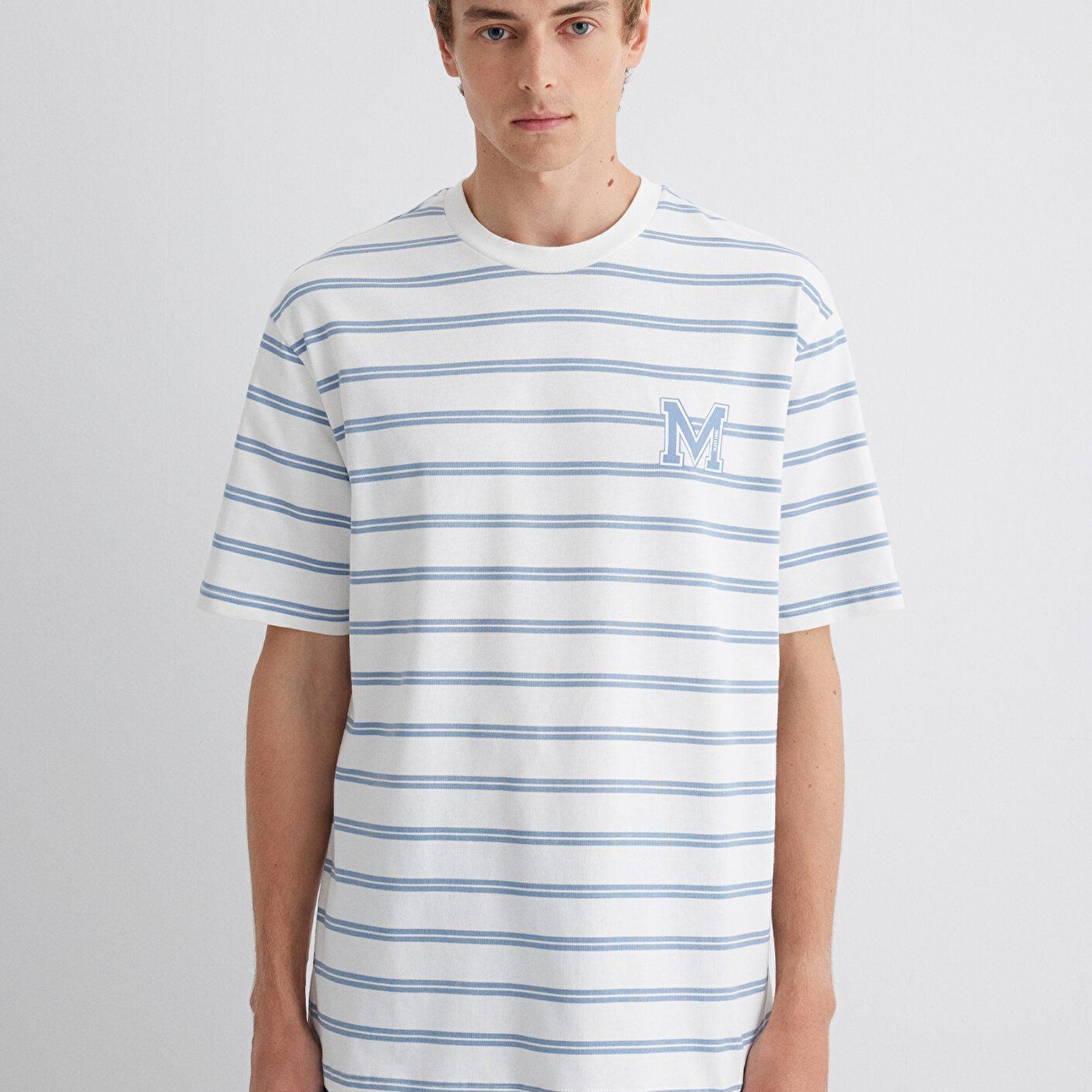 Mavi Mavi Çizgili Tişört Loose Fit / Bol Rahat Kesim 0612255-80796