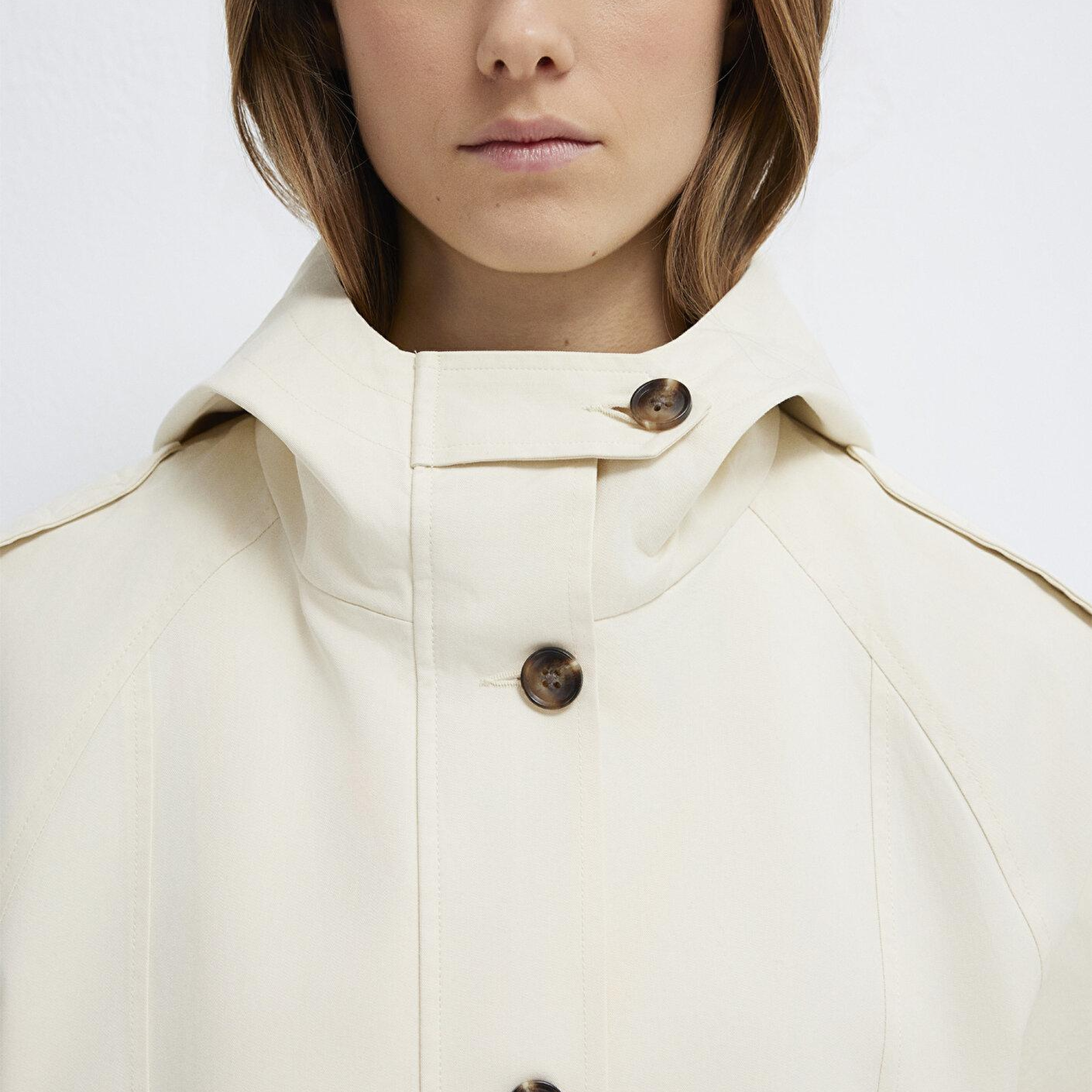 Mavi Kapüşonlu Bel Detaylı Ekru Kısa Ceket Oversize / Geniş Kesim 1110756-70065