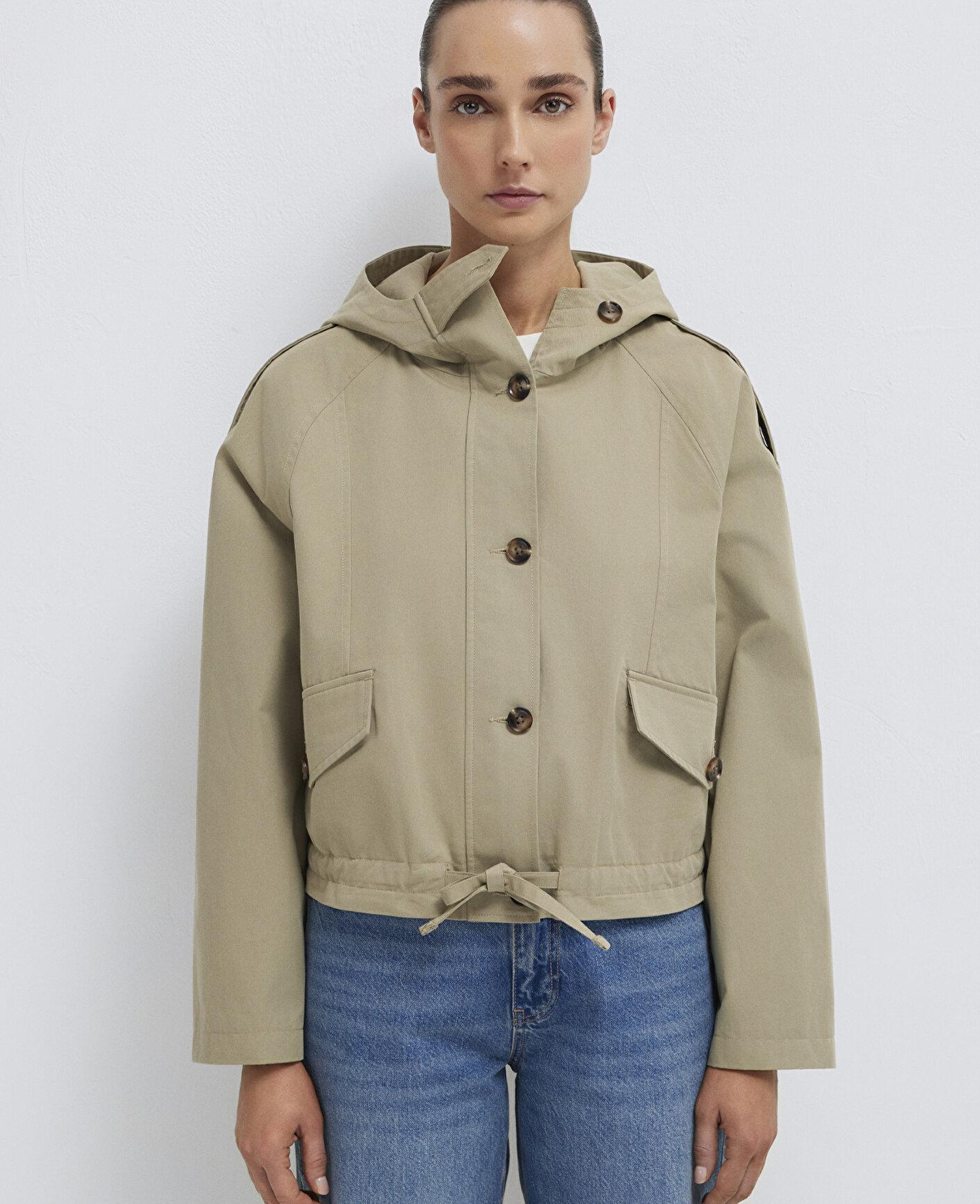 Mavi Kapüşonlu Bel Detaylı Bej Kısa Ceket Oversize / Geniş Kesim 1110756-70354