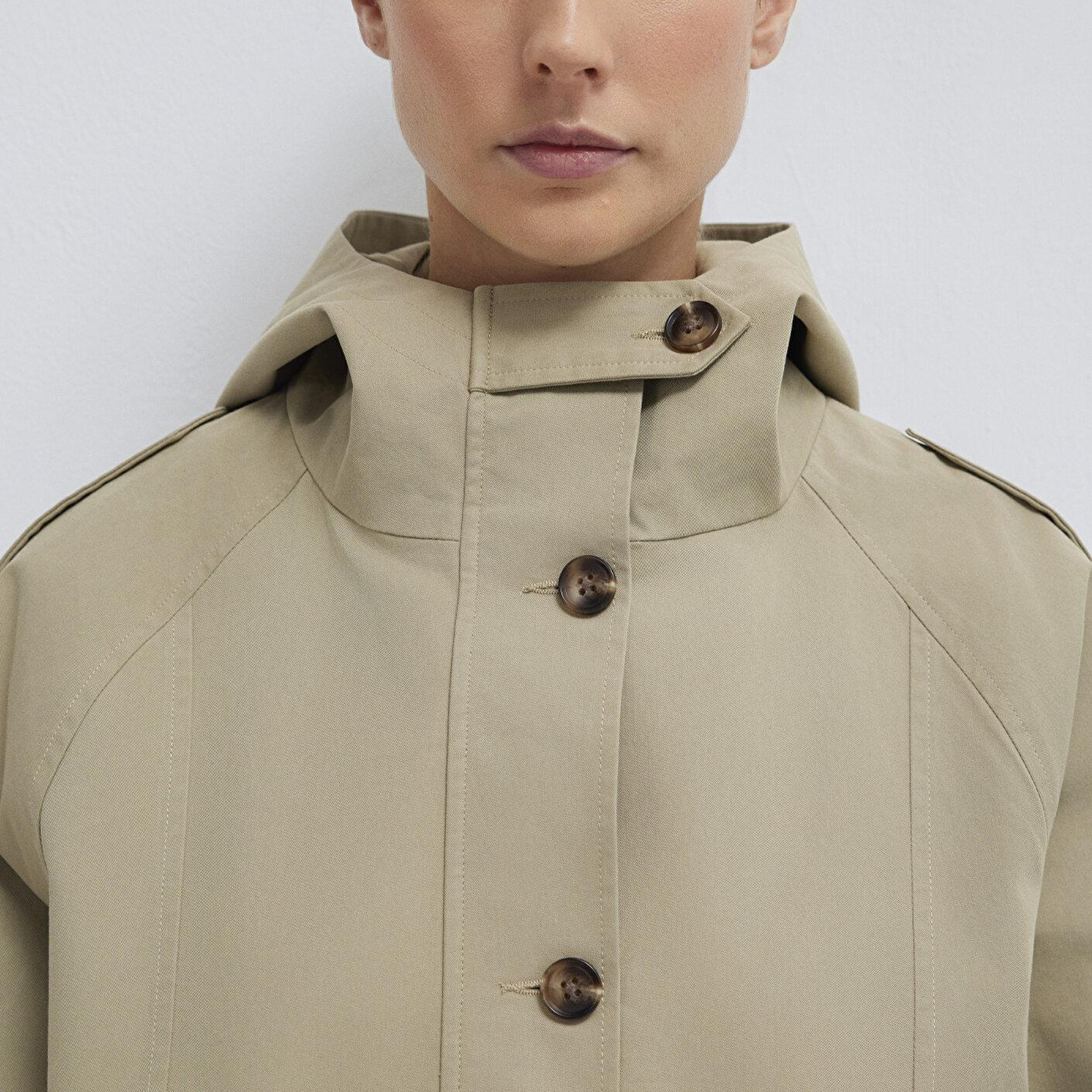 Mavi Kapüşonlu Bel Detaylı Bej Kısa Ceket Oversize / Geniş Kesim 1110756-70354