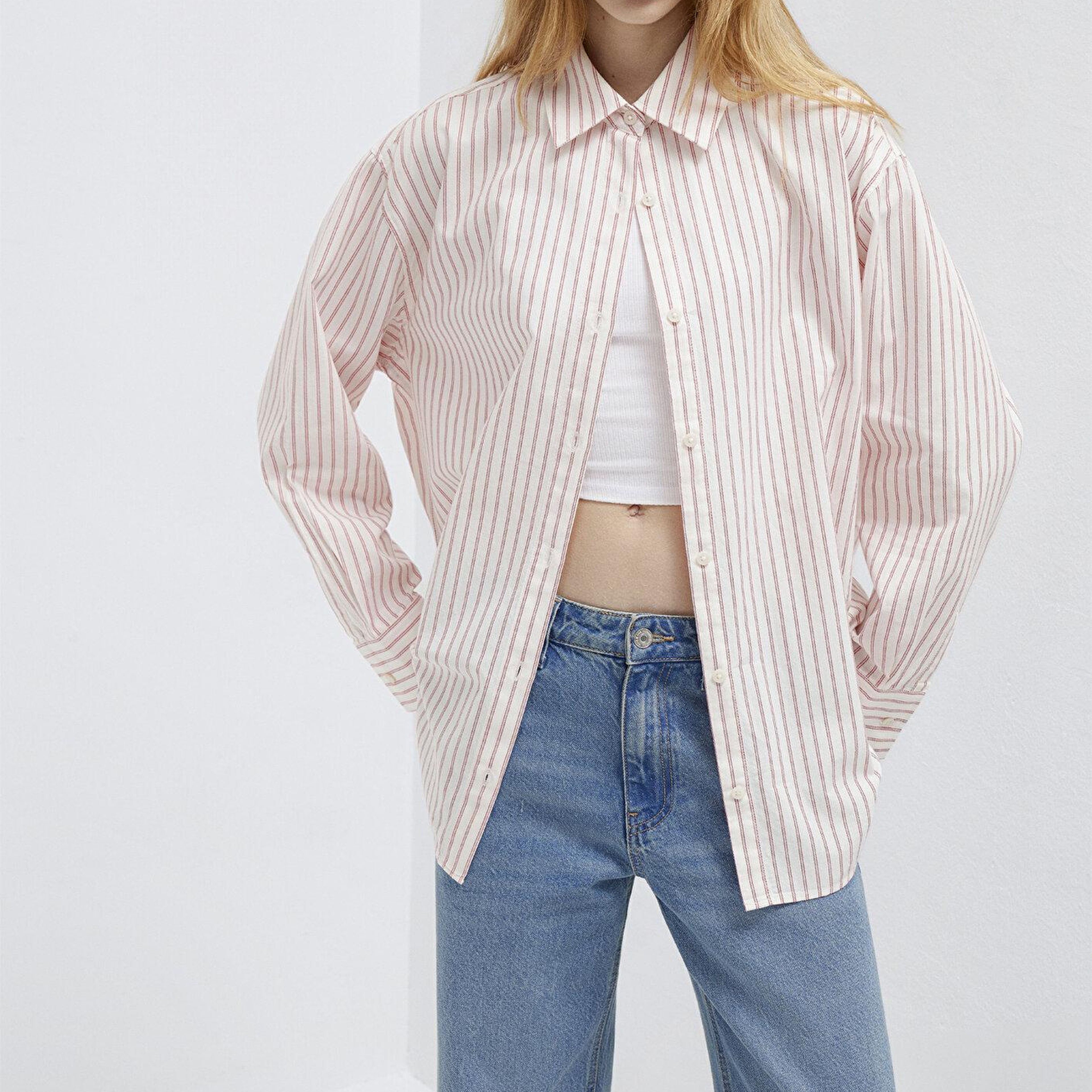 Mavi Çizgili Pembe Gömlek Oversize / Geniş Kesim 1211393-91489