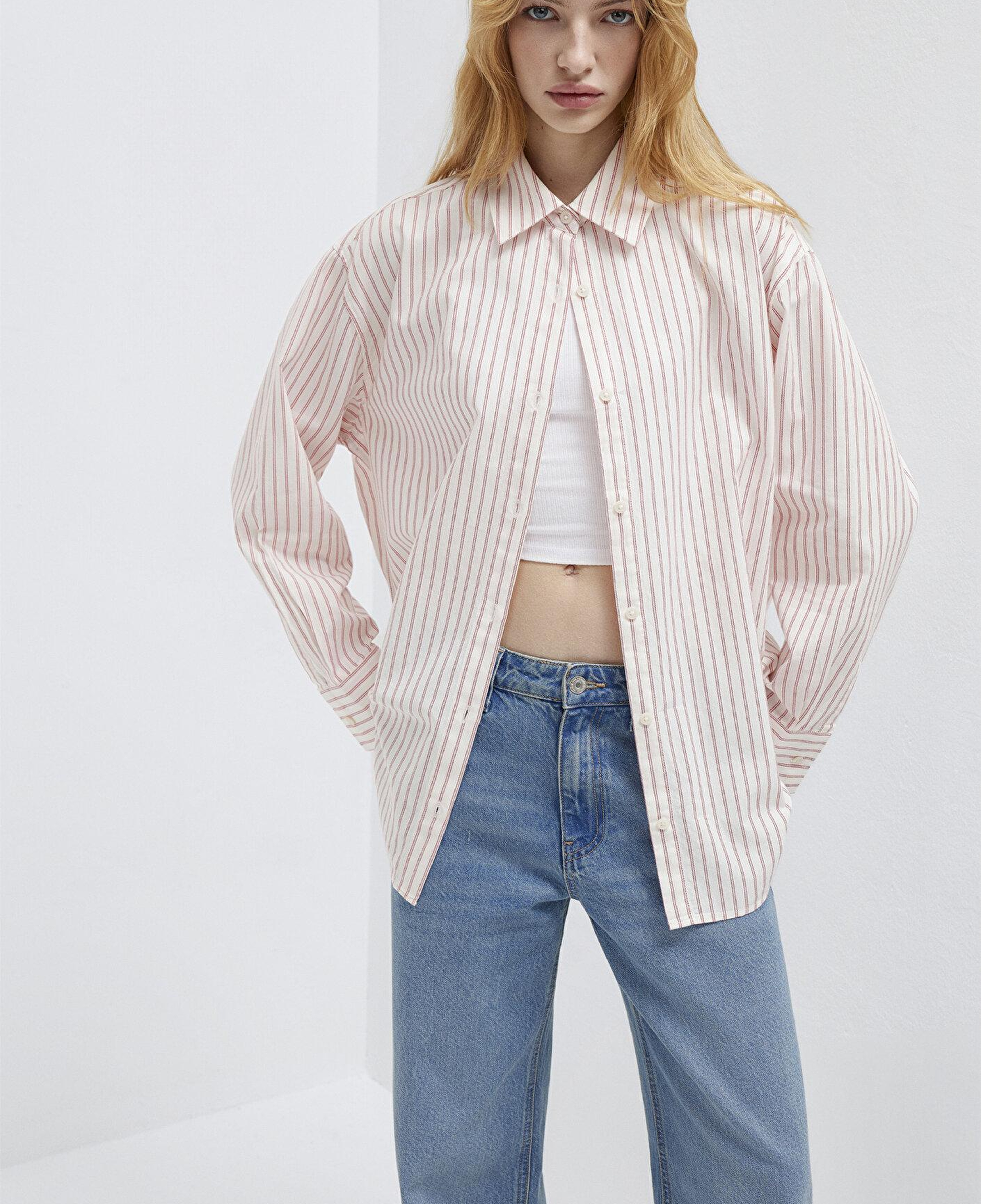 Mavi Çizgili Pembe Gömlek Oversize / Geniş Kesim 1211393-91489