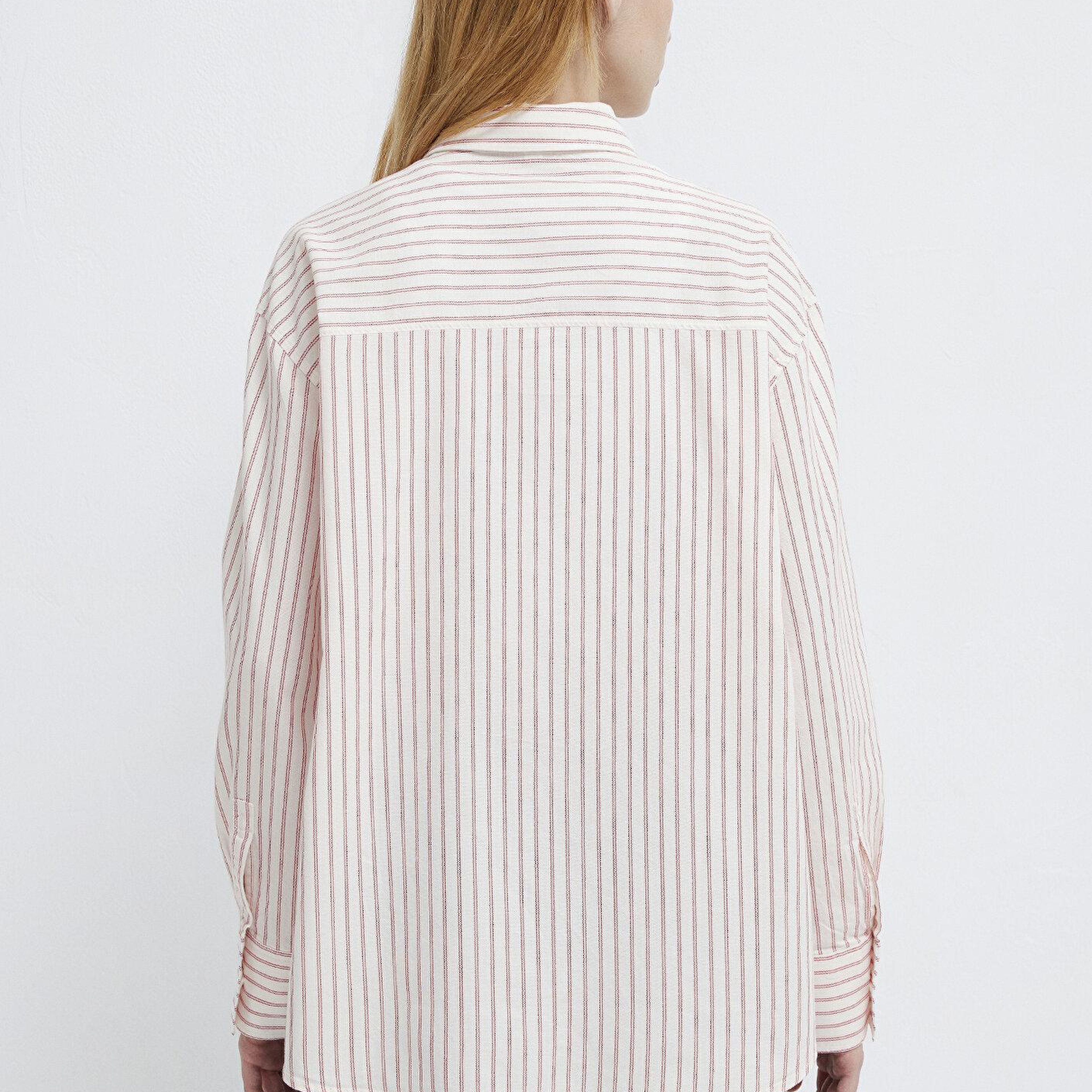 Mavi Çizgili Pembe Gömlek Oversize / Geniş Kesim 1211393-91489