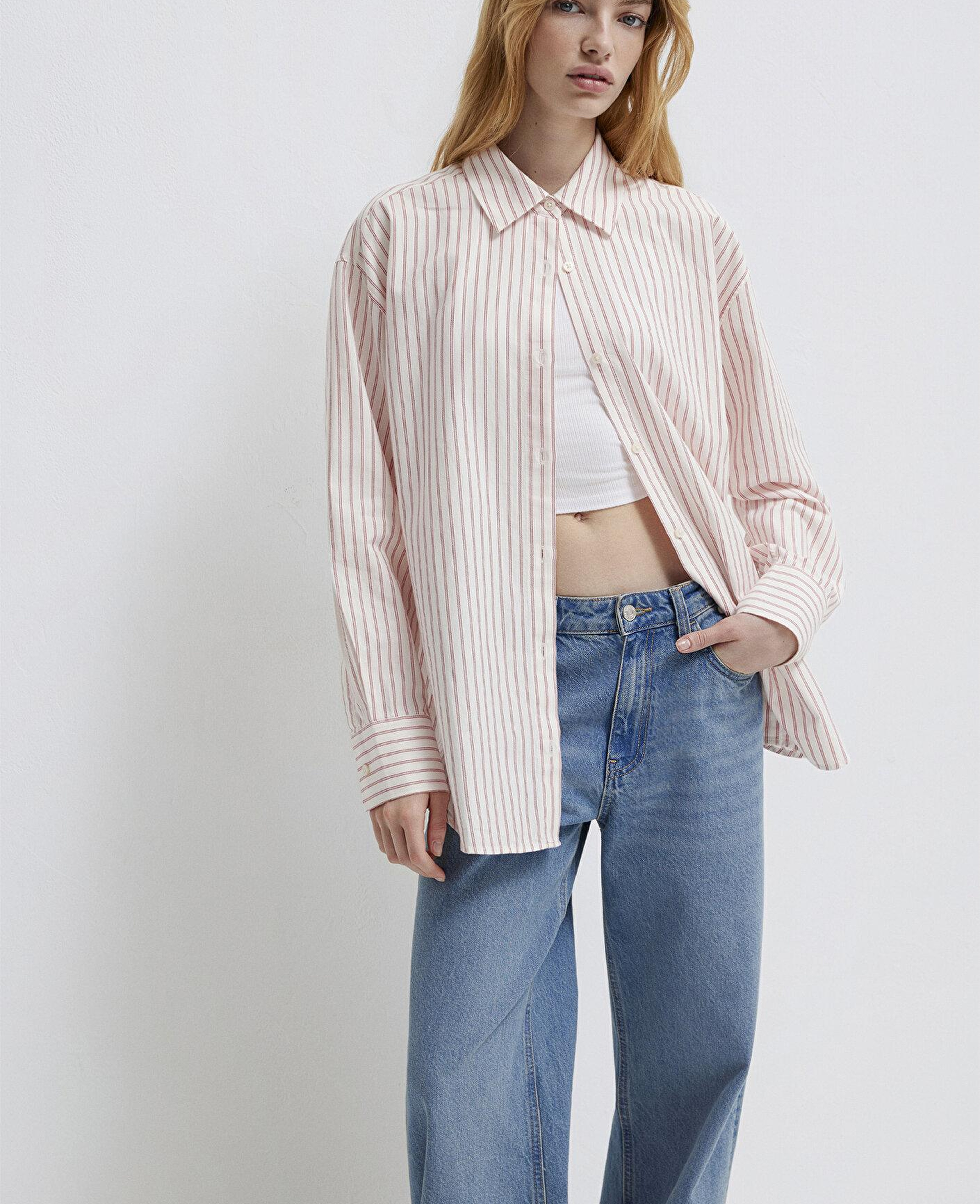 Mavi Çizgili Pembe Gömlek Oversize / Geniş Kesim 1211393-91489