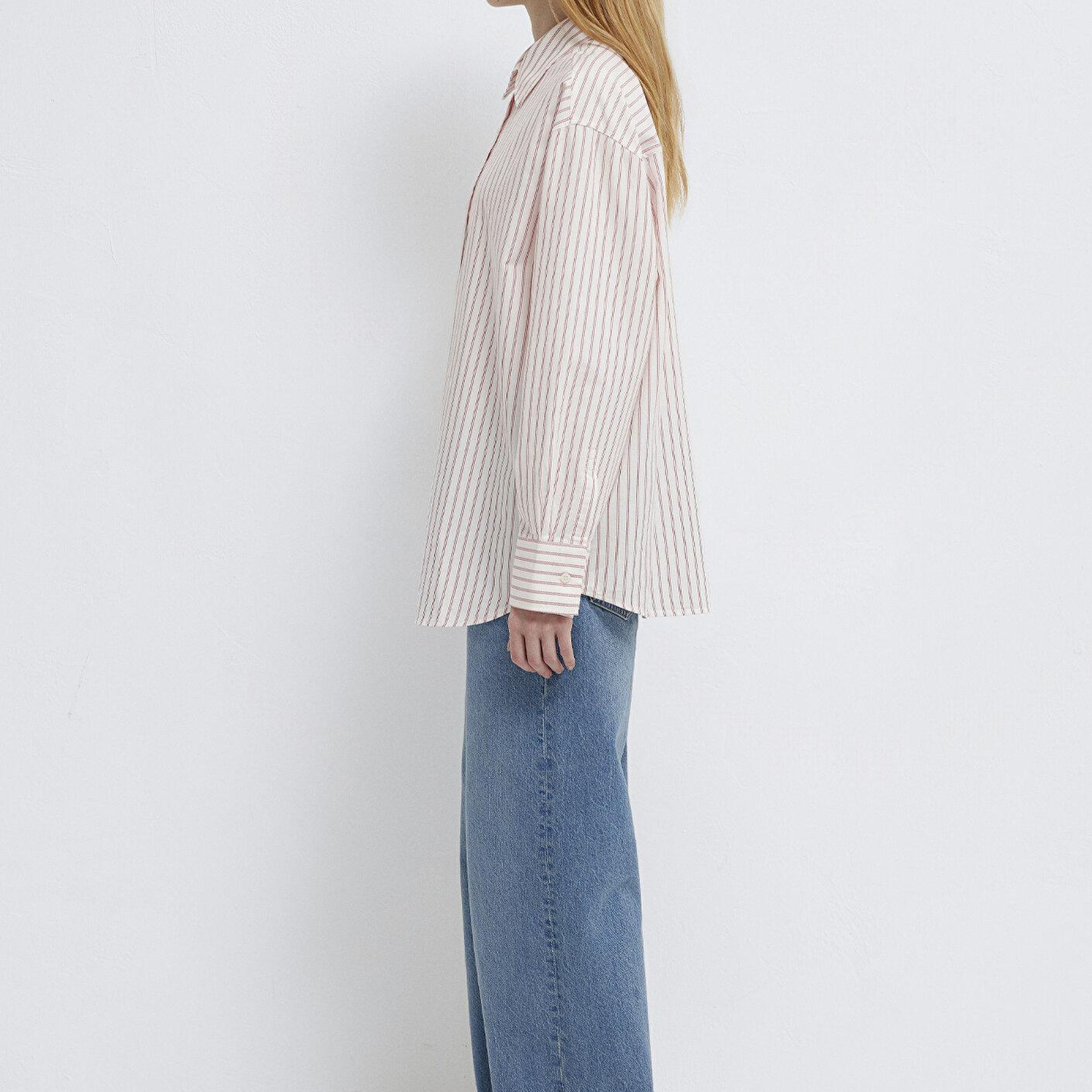 Mavi Çizgili Pembe Gömlek Oversize / Geniş Kesim 1211393-91489