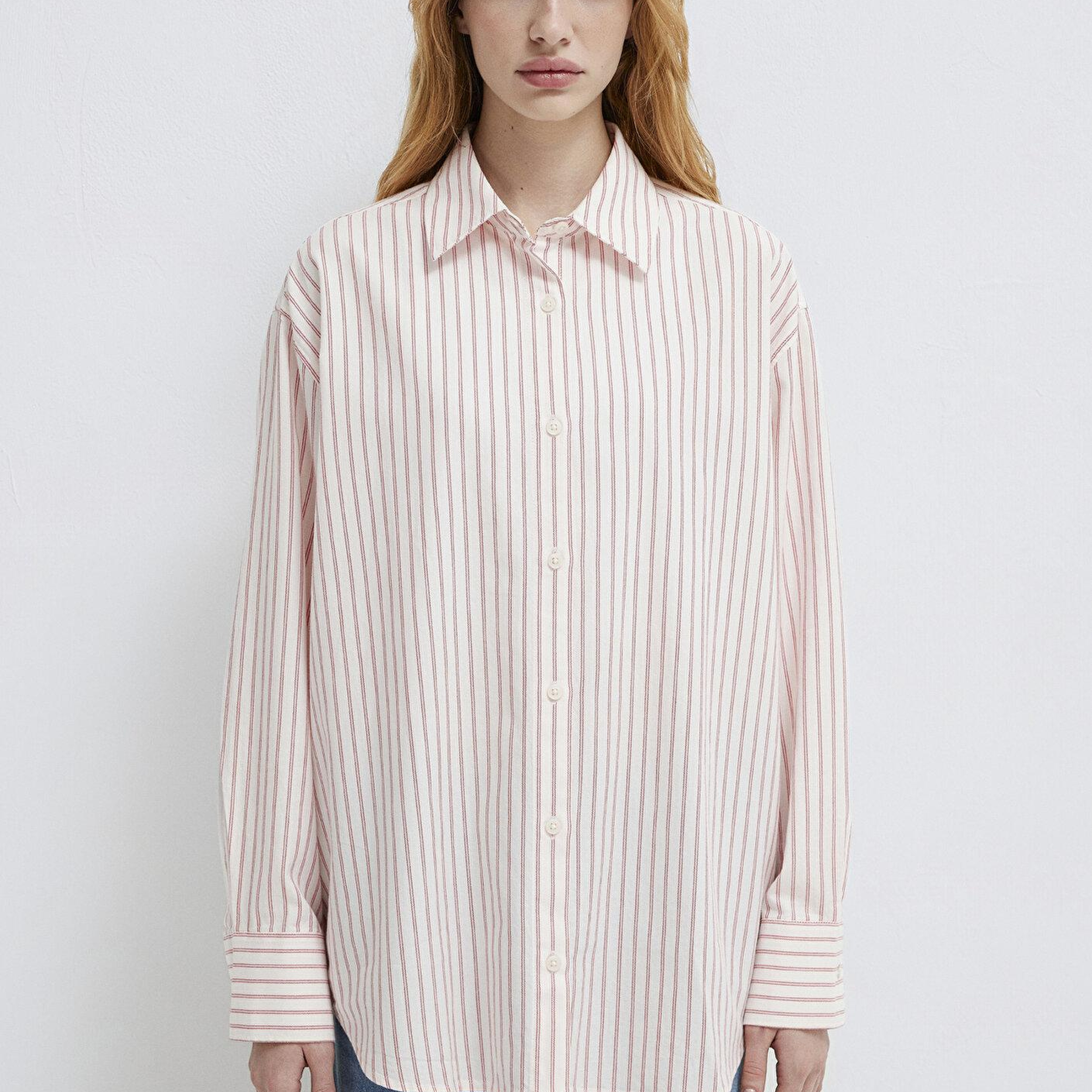 Mavi Çizgili Pembe Gömlek Oversize / Geniş Kesim 1211393-91489