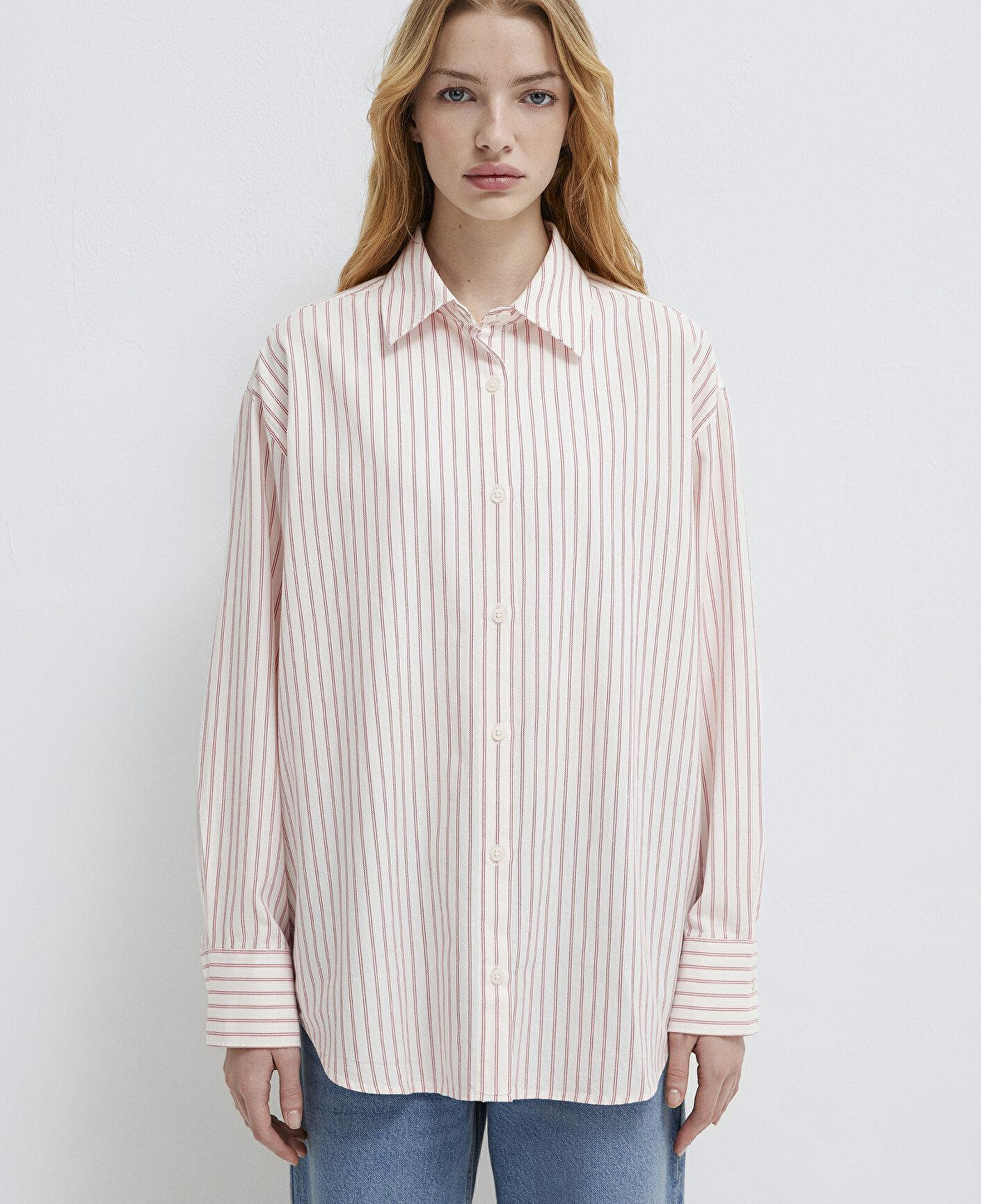 Mavi Çizgili Pembe Gömlek Oversize / Geniş Kesim 1211393-91489