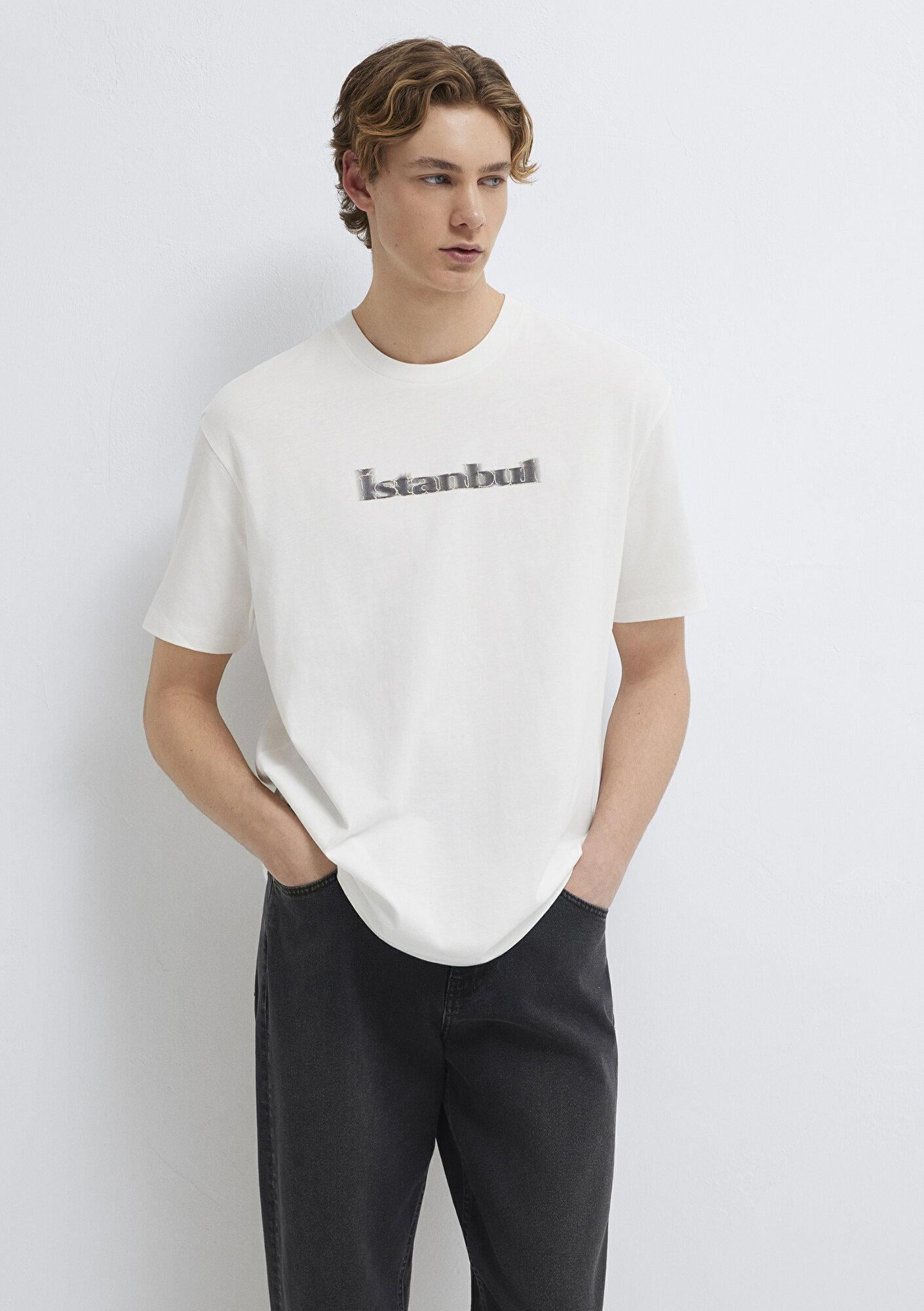 Mavi İstanbul Baskılı Ekru Tişört Loose Fit / Bol Rahat Kesim 0613664-70057