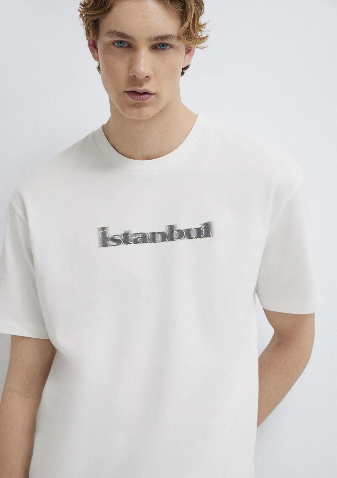 Mavi İstanbul Baskılı Ekru Tişört Loose Fit / Bol Rahat Kesim 0613664-70057