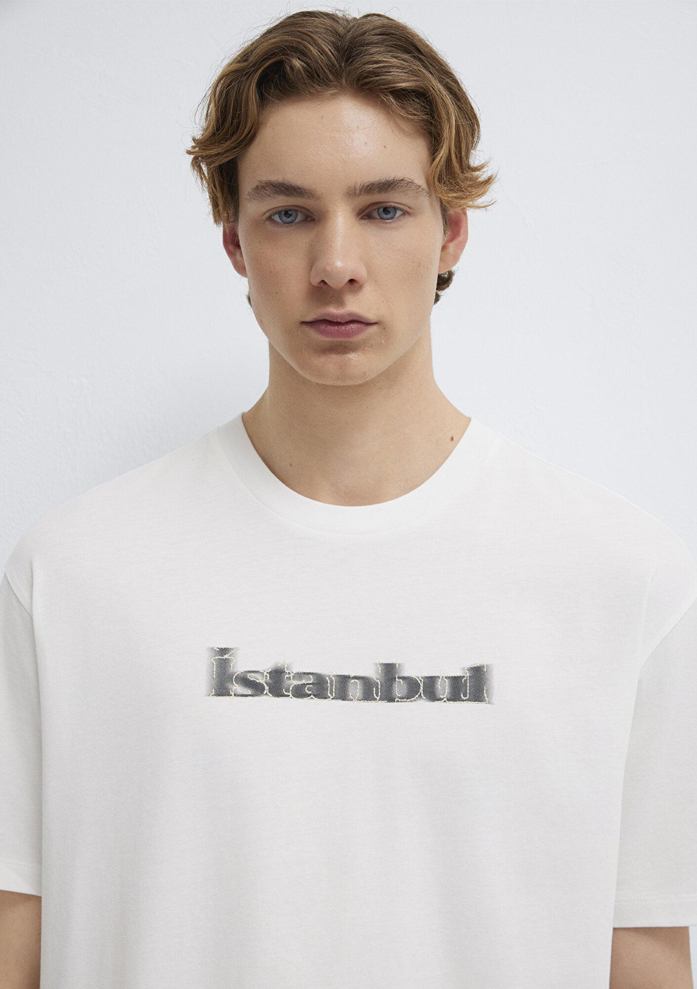 Mavi İstanbul Baskılı Ekru Tişört Loose Fit / Bol Rahat Kesim 0613664-70057