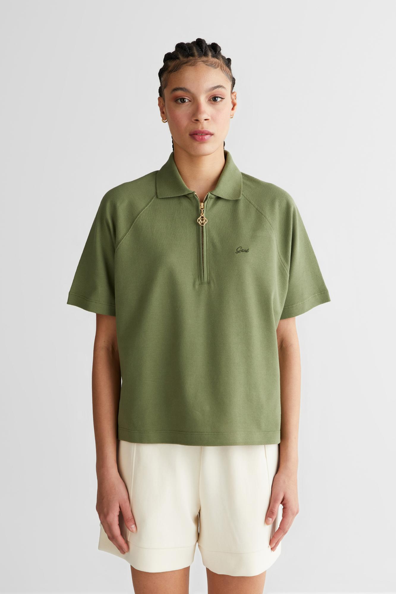 GANT Kadın Yeşil Regular Fit Yarım Fermuarlı Polo Yaka T-Shirt