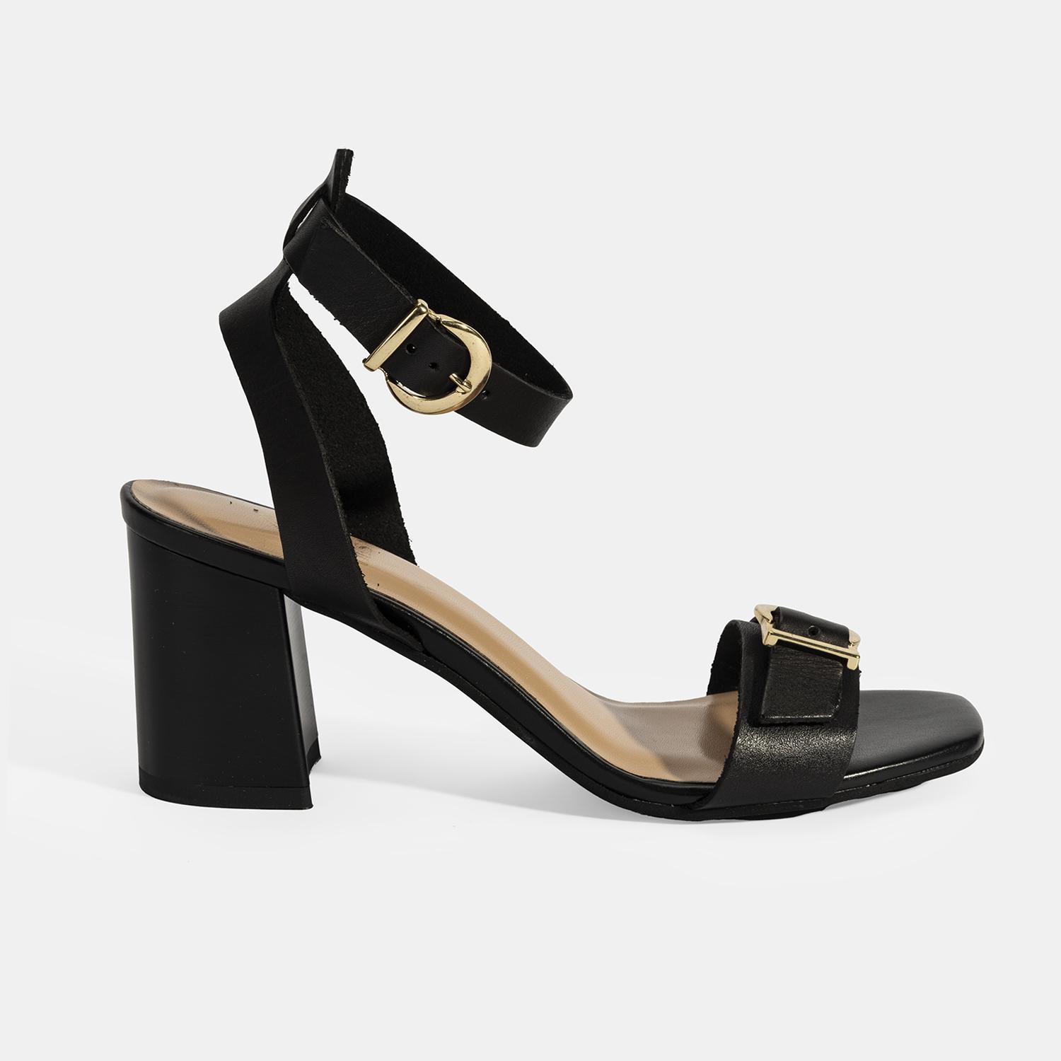 Kadın Siyah Ayarlanabilir Tokalı Deri Topuklu Sandalet