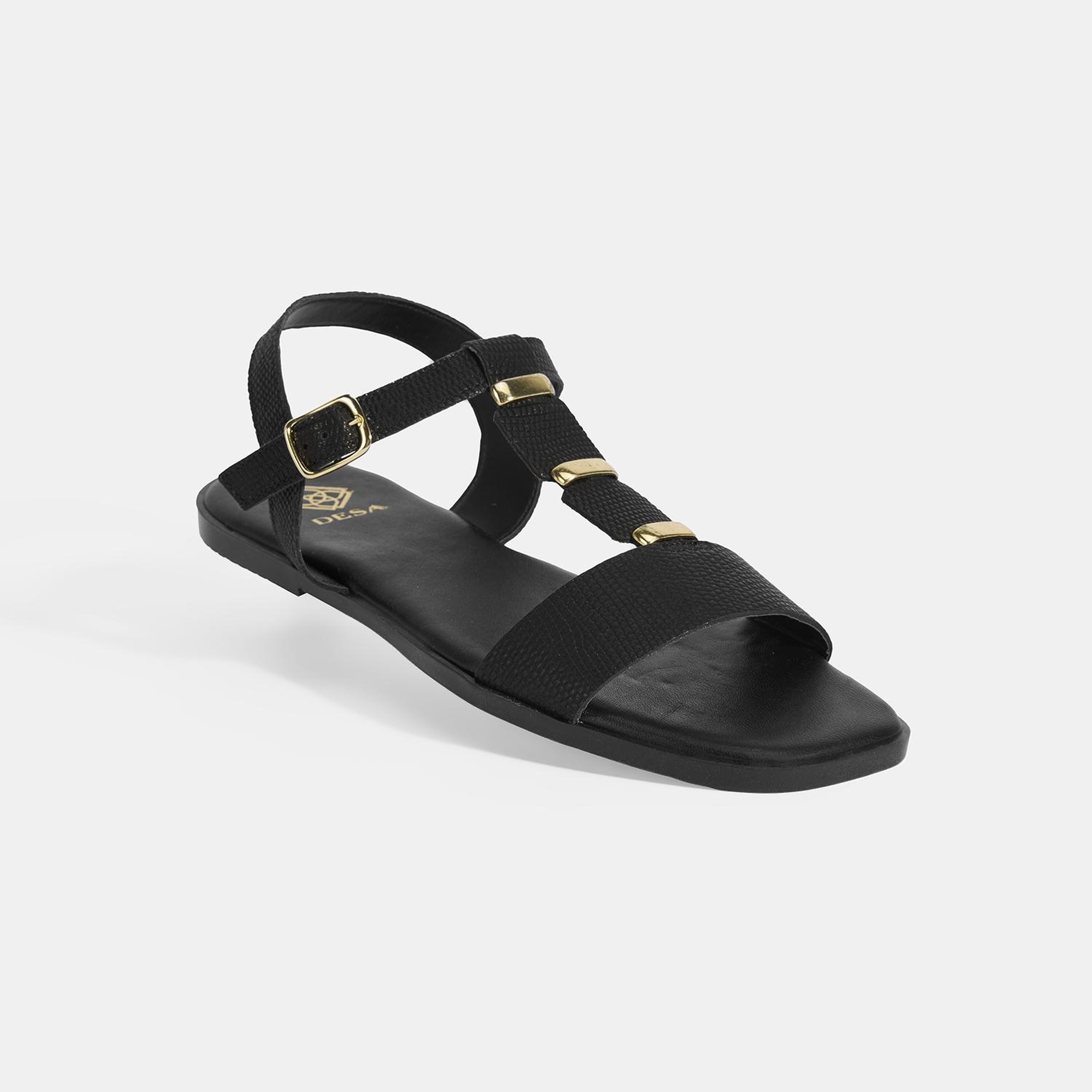 Kadın Siyah Ayarlanabilir Tokalı Deri Sandalet