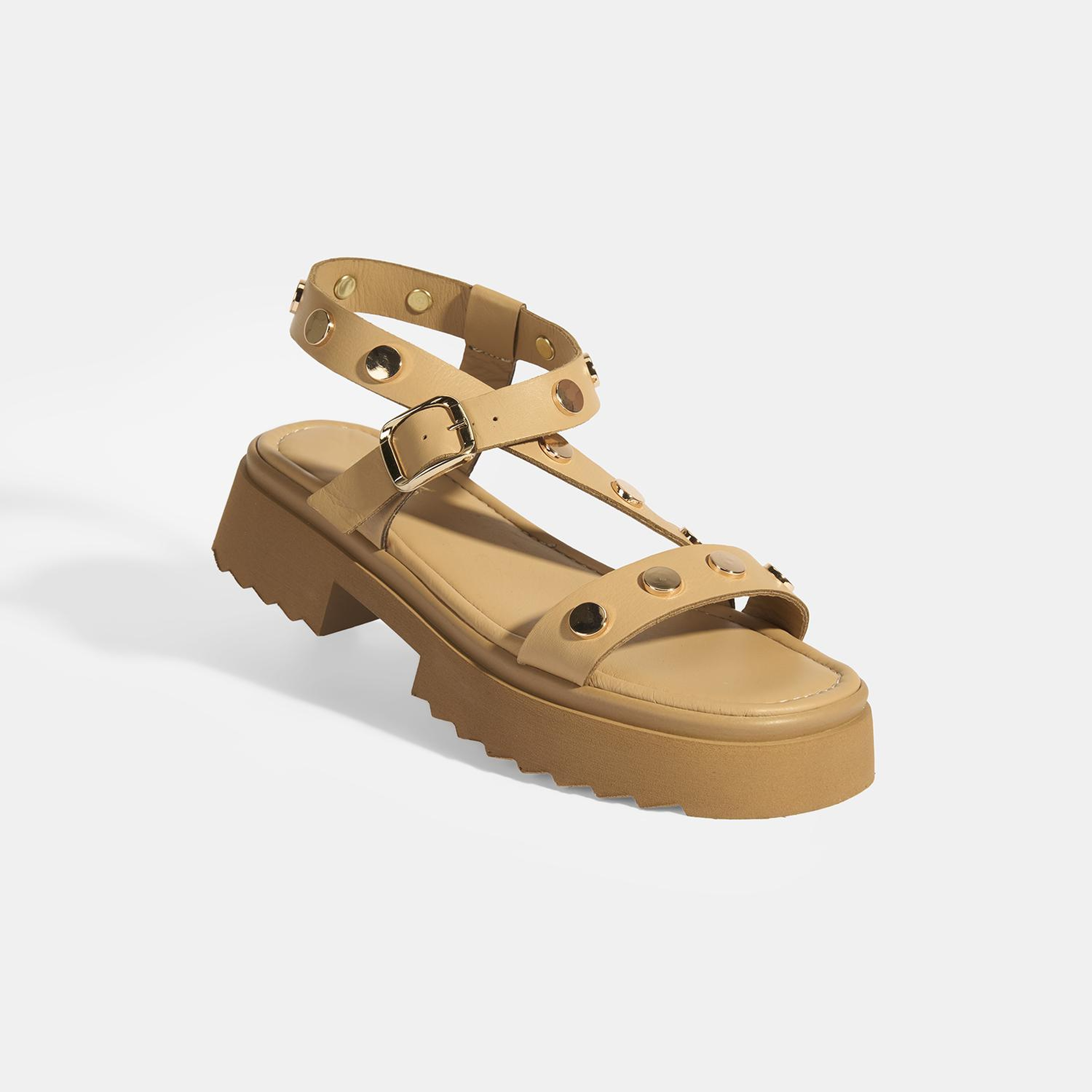 Kadın Bej Zımba Detaylı Deri Sandalet