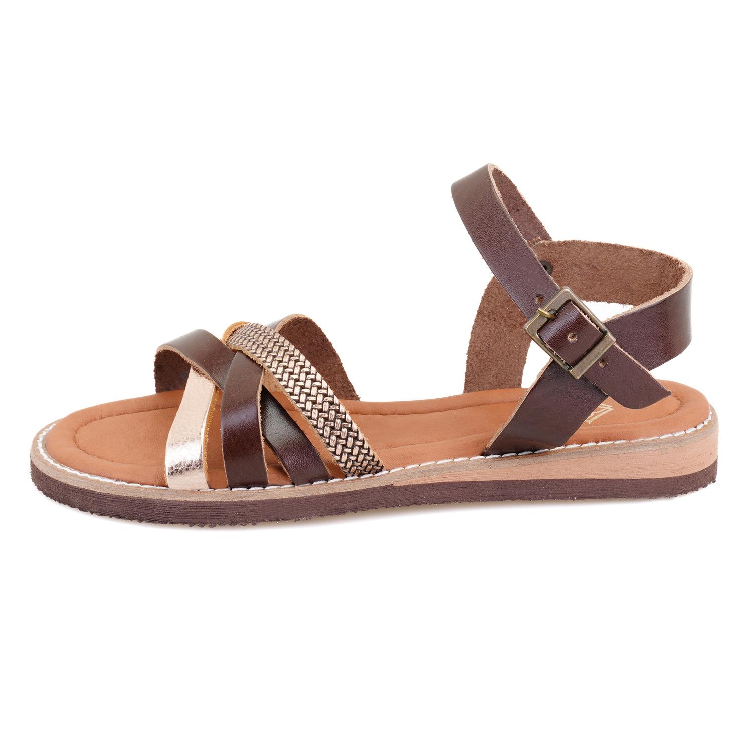 Kadın Kahve Ayarlanabilir Tokalı Deri Sandalet