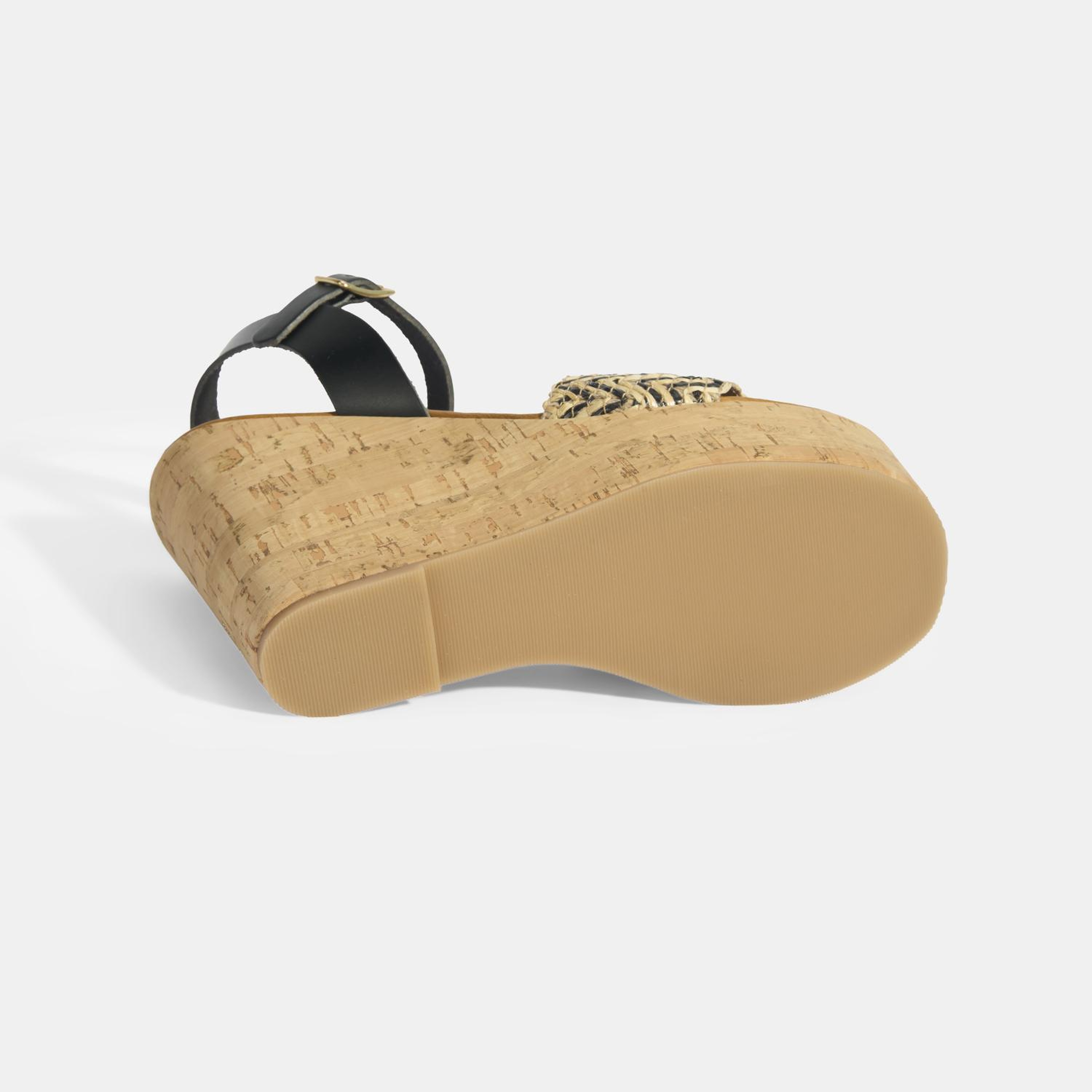 Kadın Siyah Toka Aksesuarlı Deri Detaylı Dolgu Topuklu Sandalet