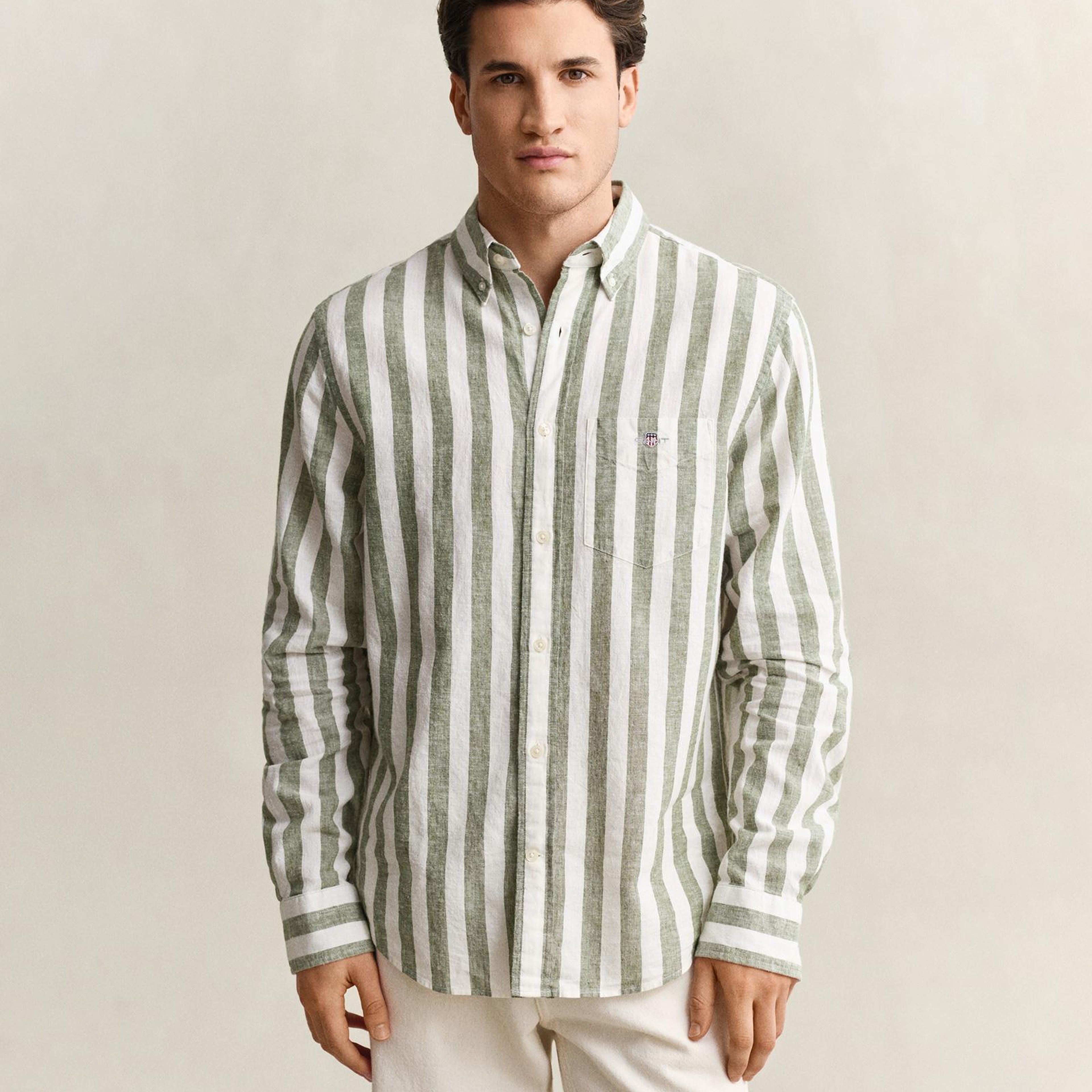 GANT Erkek Yeşil Regular Fit Çizgili Logolu Gömlek