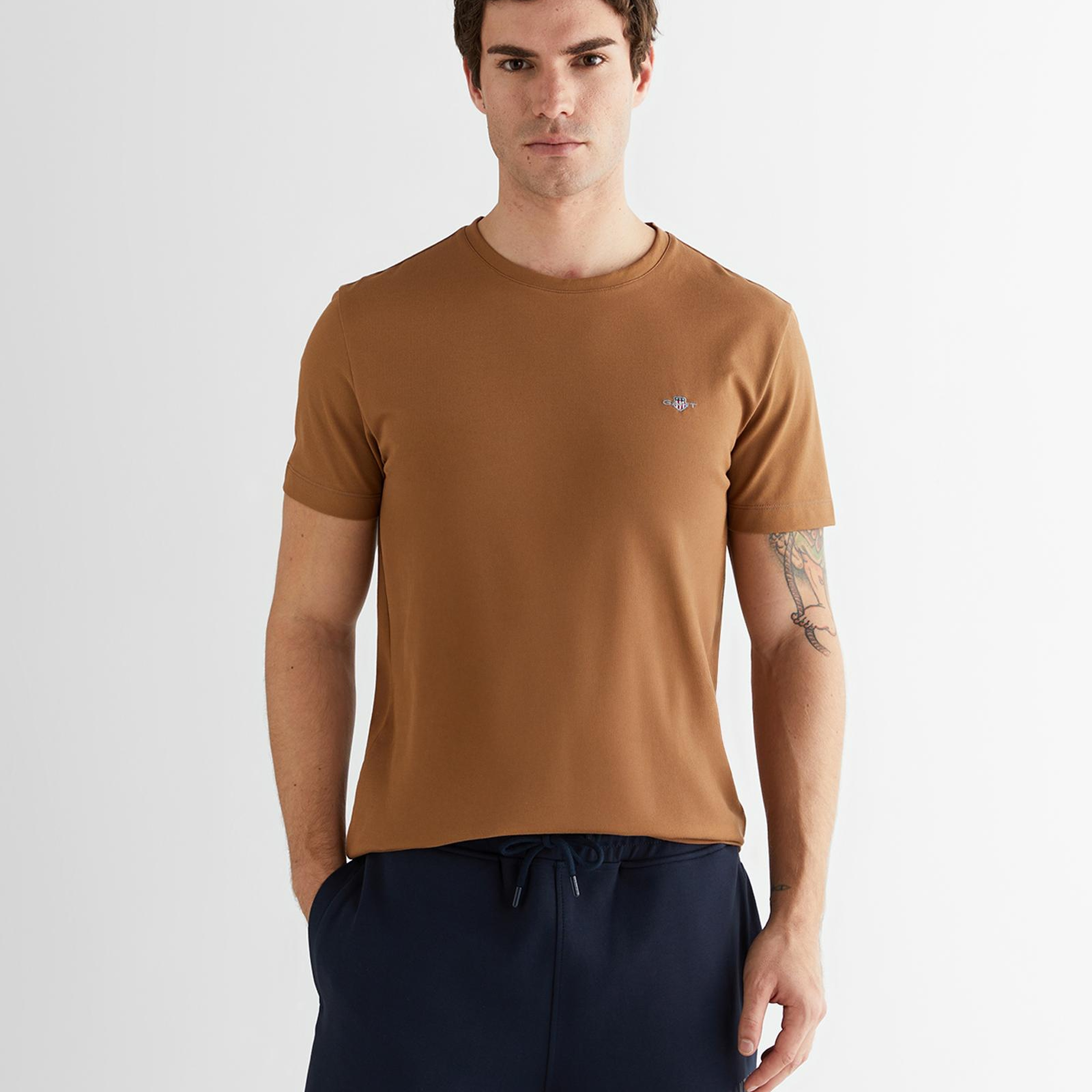 GANT Erkek Kahverengi Regular Fit Bisiklet Yaka T-Shirt