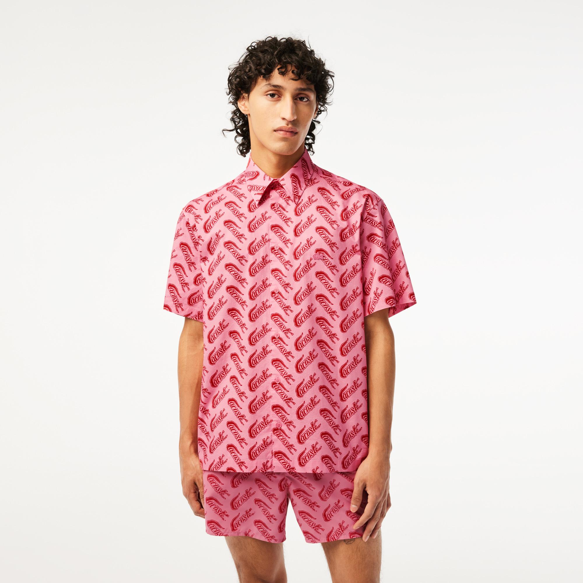 Erkek Relaxed Fit Kısa Kollu Desenli Pembe Gömlek
