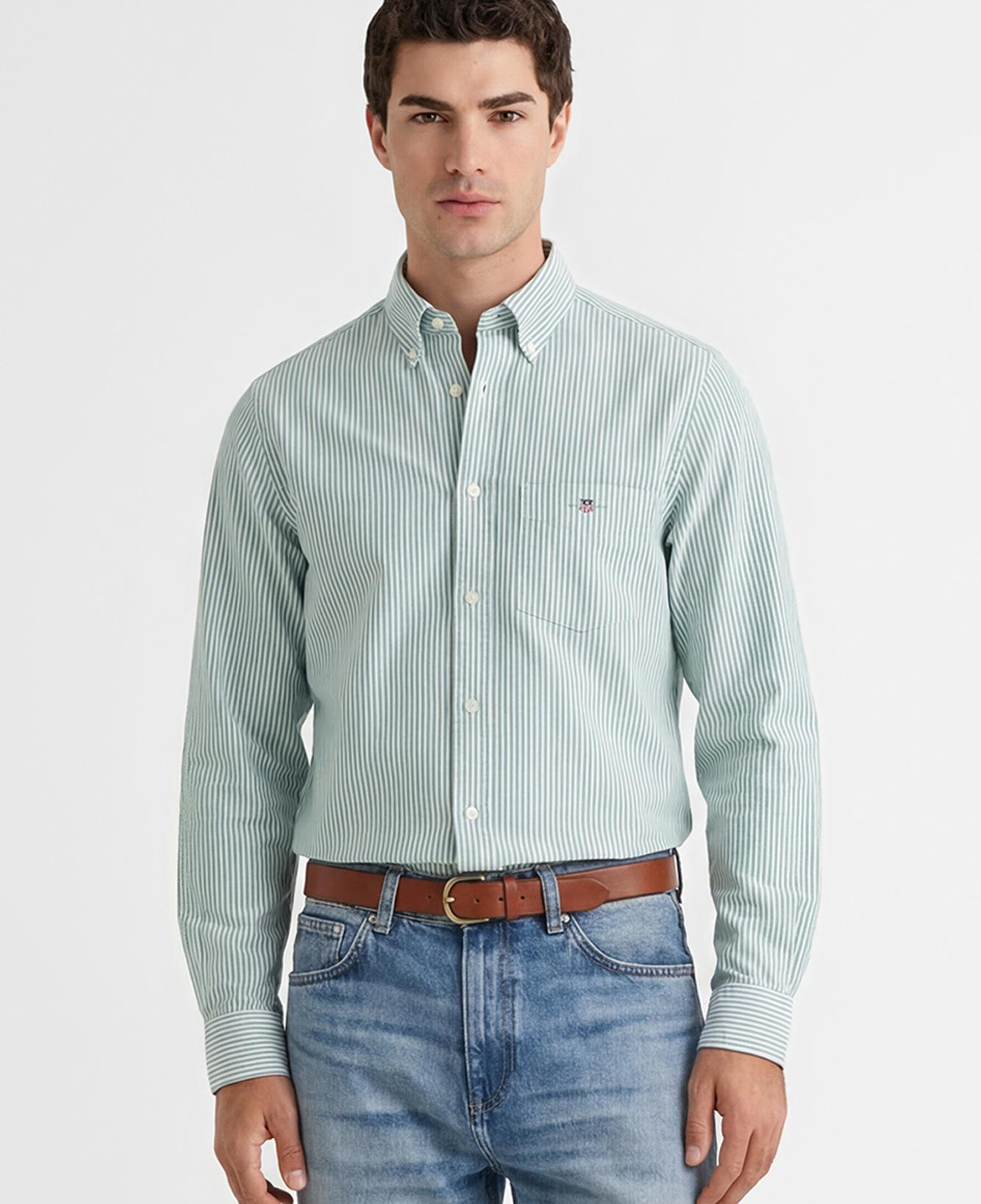 GANT Erkek Yeşil Regular Fit Çizgili Logolu Gömlek