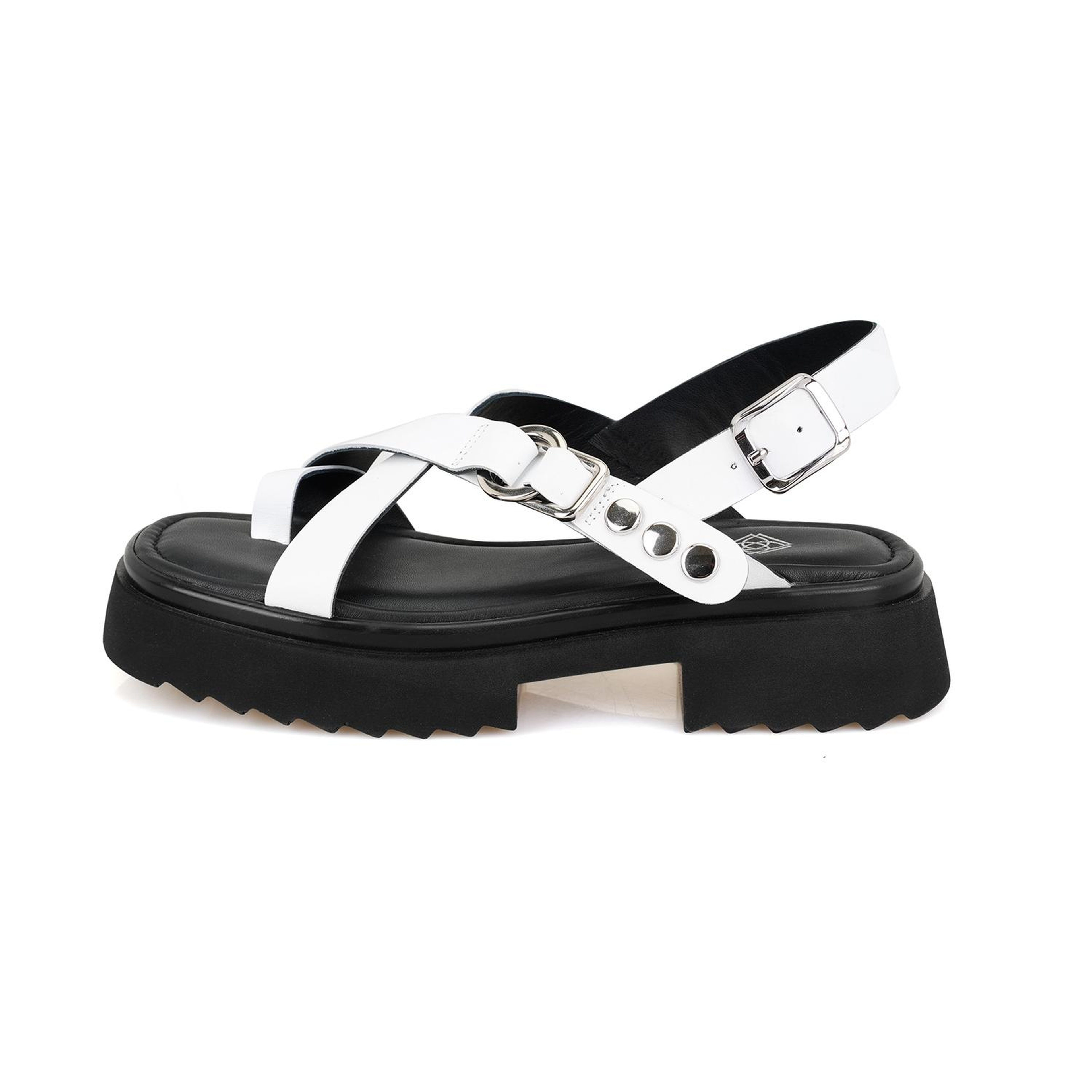 Kadın Beyaz Ayarlanabilir Tokalı Deri Sandalet